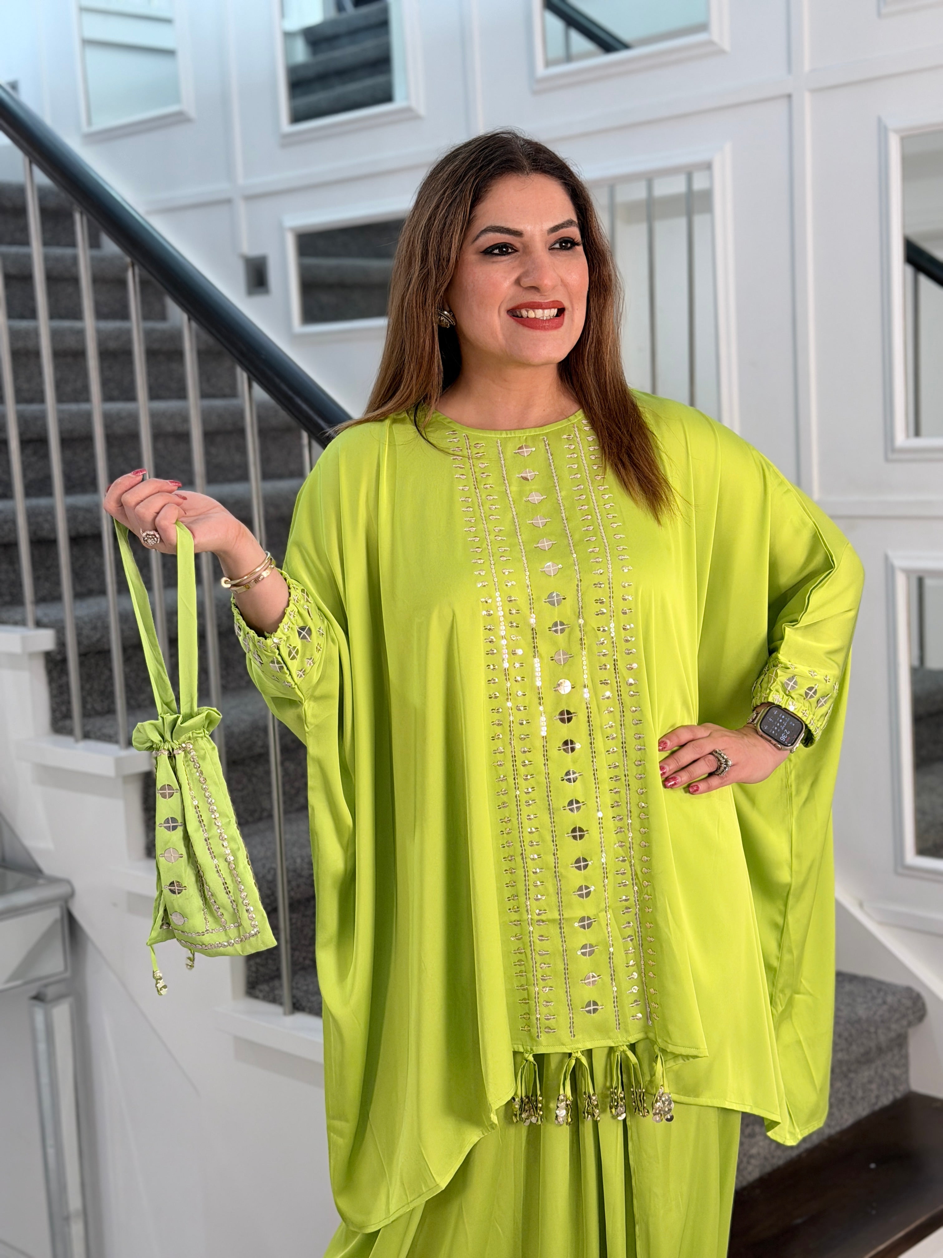 Lime Green Indo-Western Kaftan Set - Indo-western Wear (2)