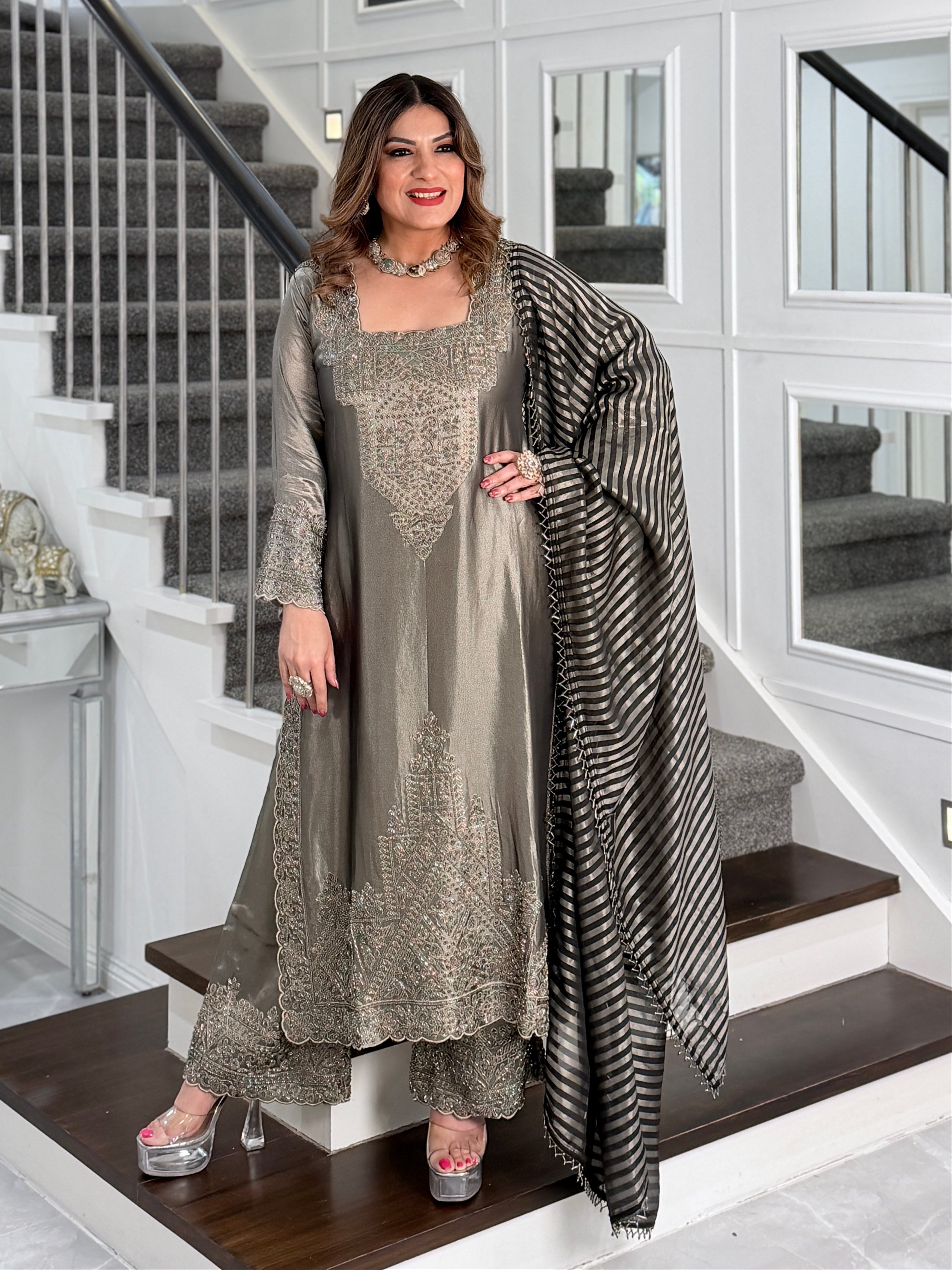 Elegant Silver Indo-Western Kurta Set - Indo-western Wear