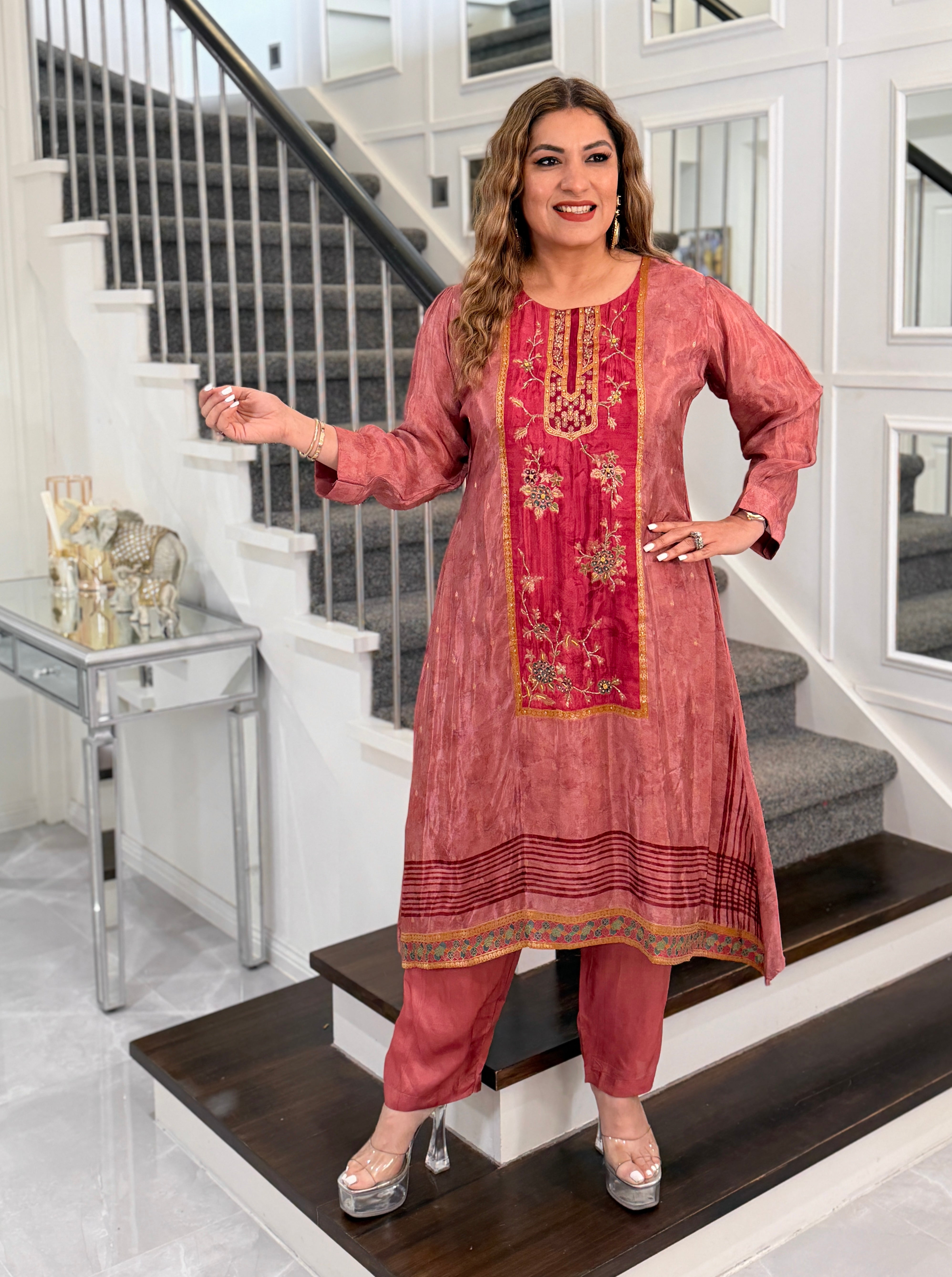 Rust Embroidered Kurta with Floral Details - Coordset