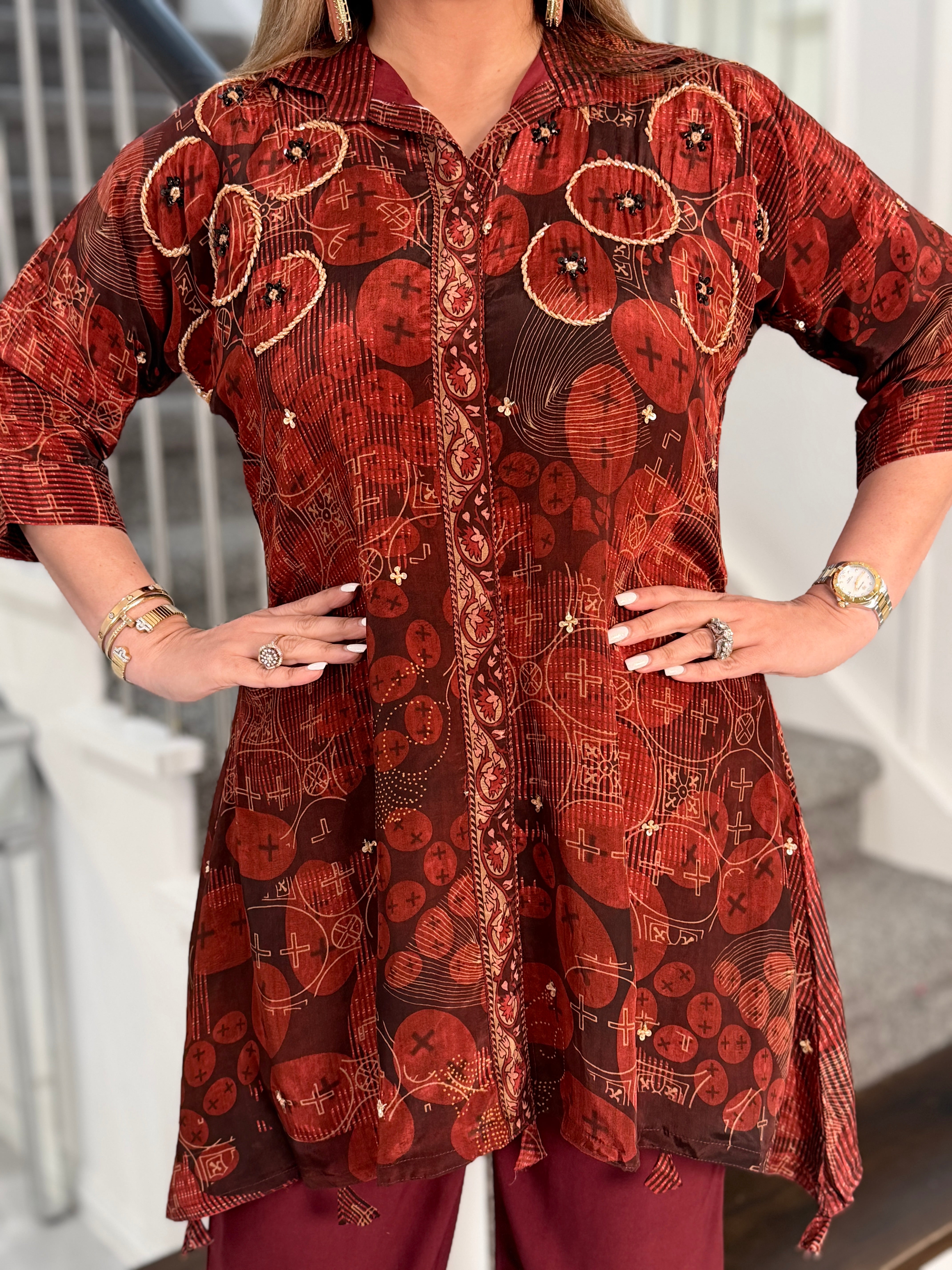 Burgundy Asymmetric Embroidered Coordset - Coordset (3)