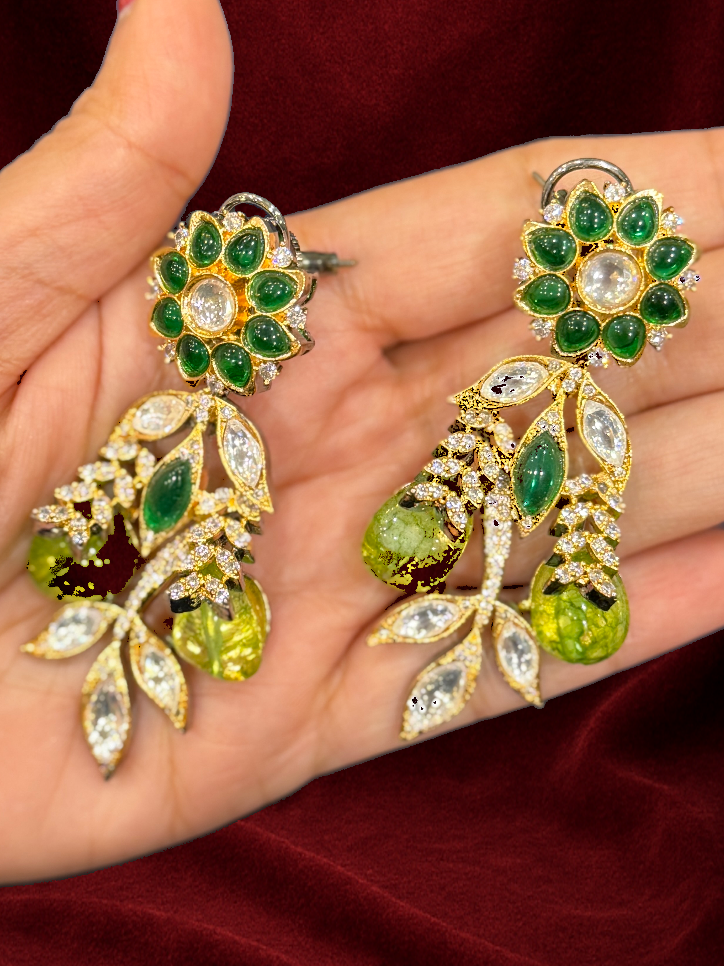 Elegant Green Floral Drop Earrings - Earrings - Western/ Indo Western
