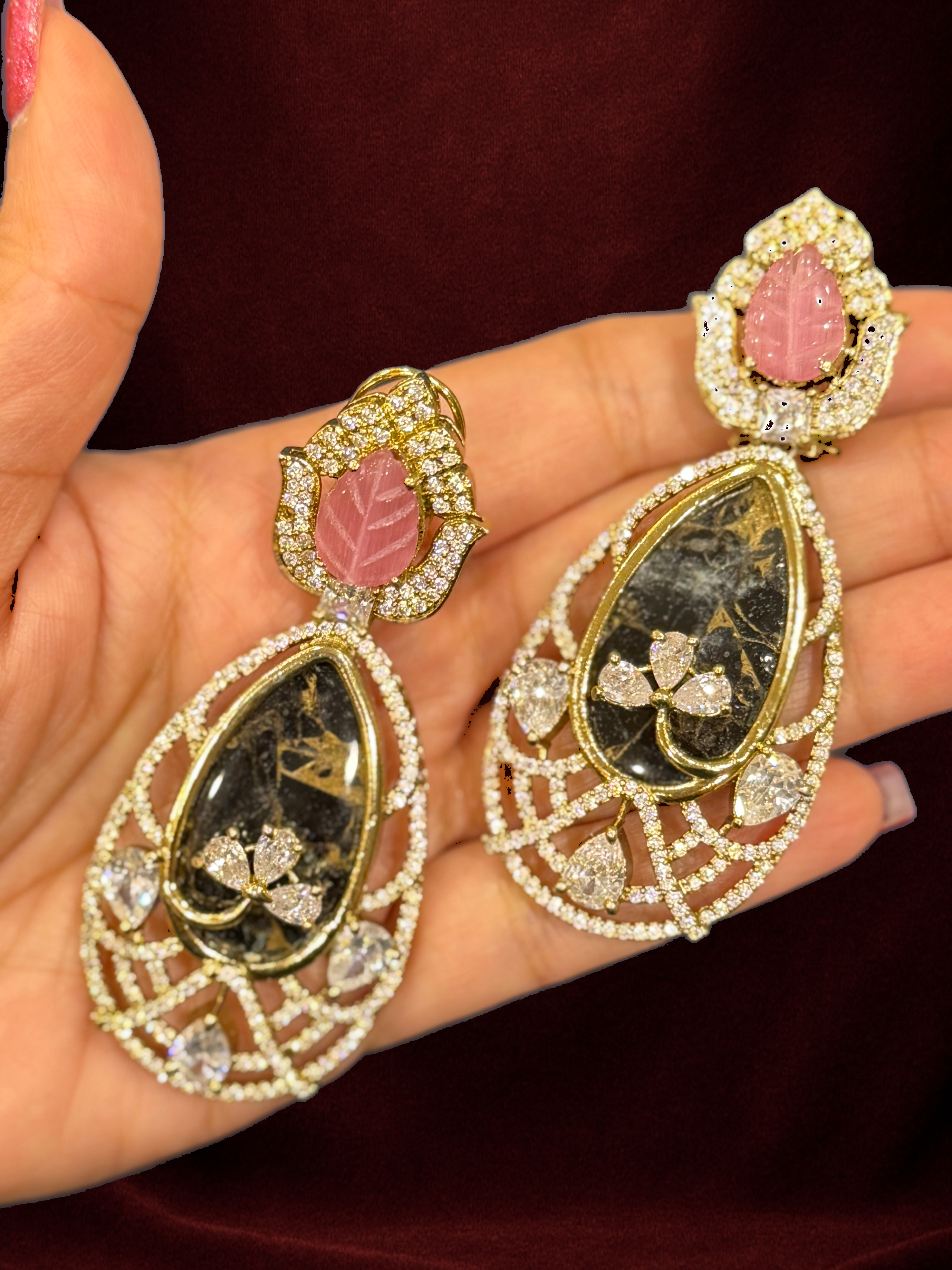 Elegant Pink Black Teardrop Earrings - Earrings - Western/ Indo Western