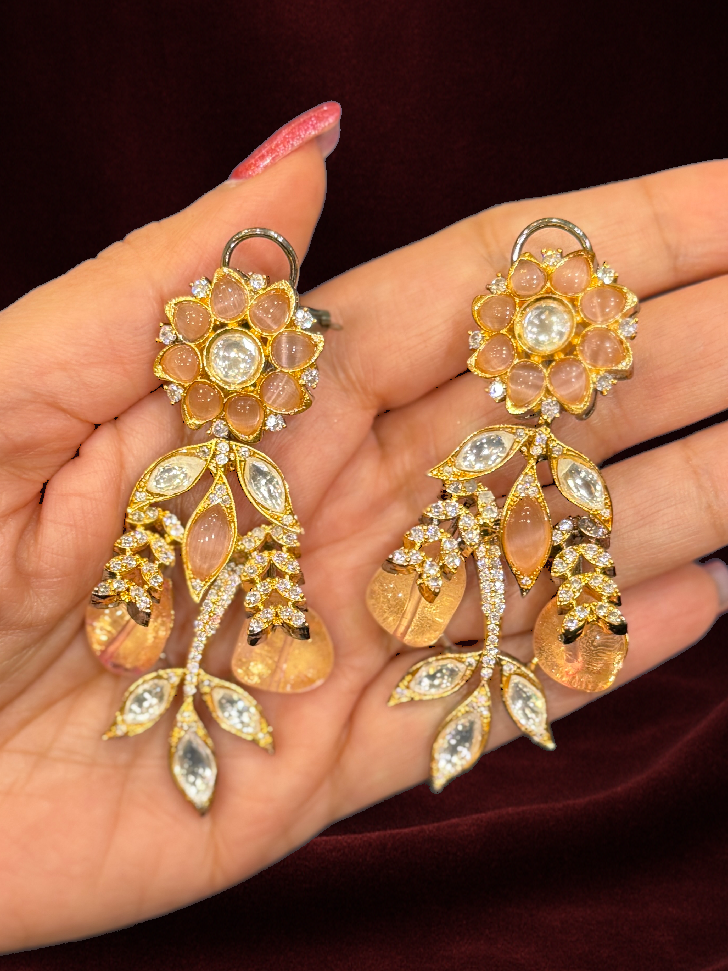 Elegant Gold and Crystal Floral Earrings - Earrings - Western/ Indo Western