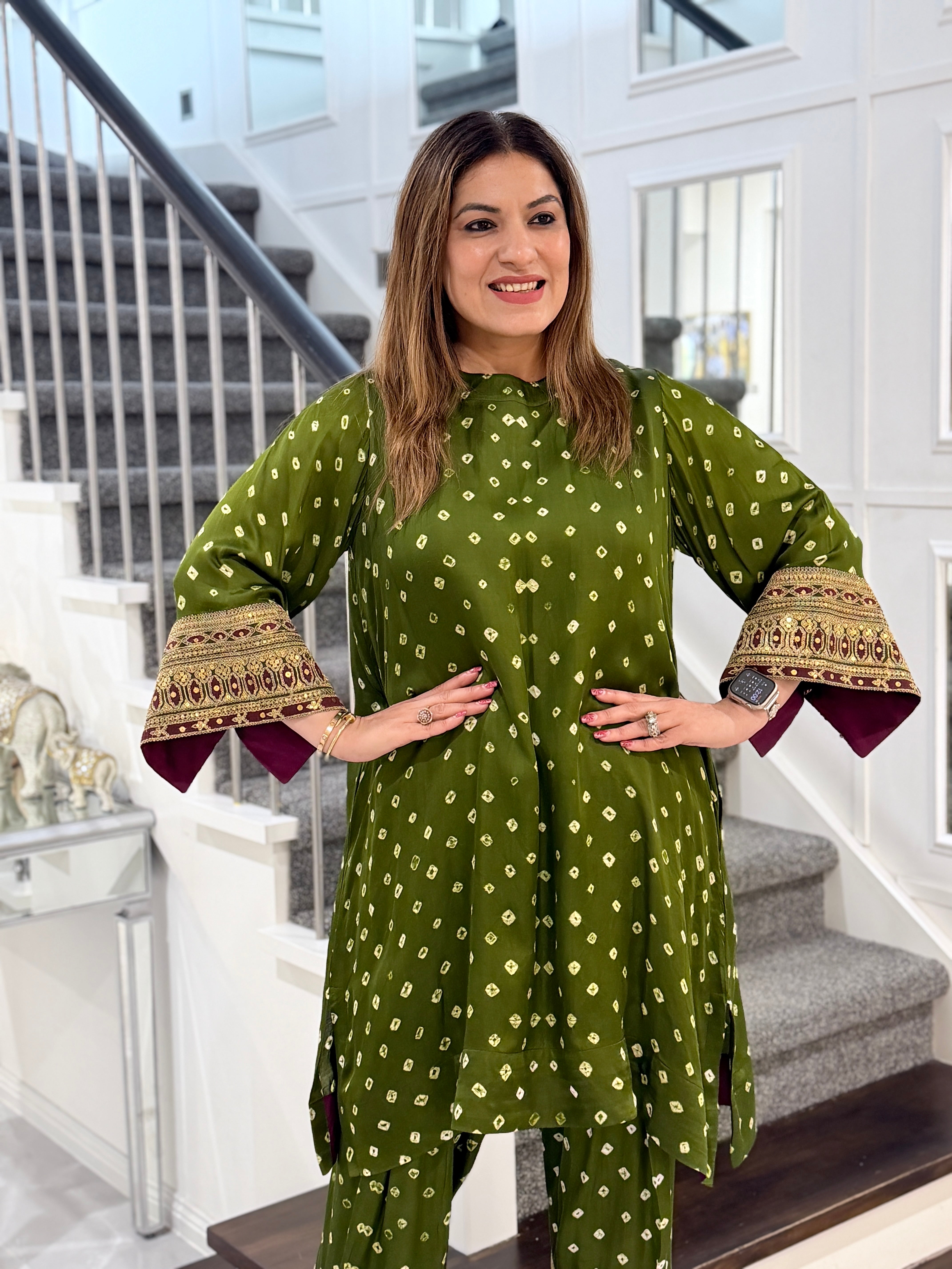 Olive Green Indo-Western Suit with Embellished Borders - Indo-western Wear (2)