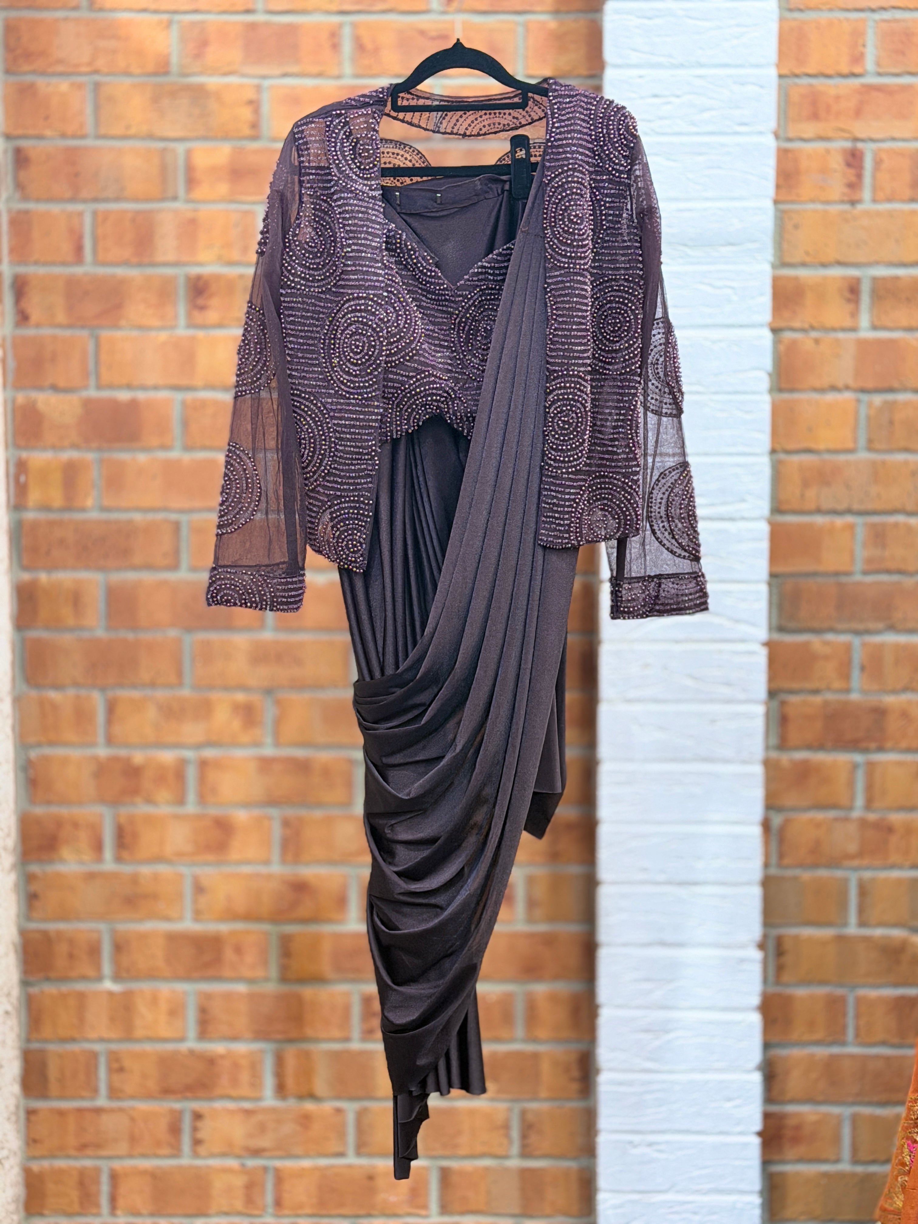 Elegant Purple Embellished Drape Saree Set - Saree