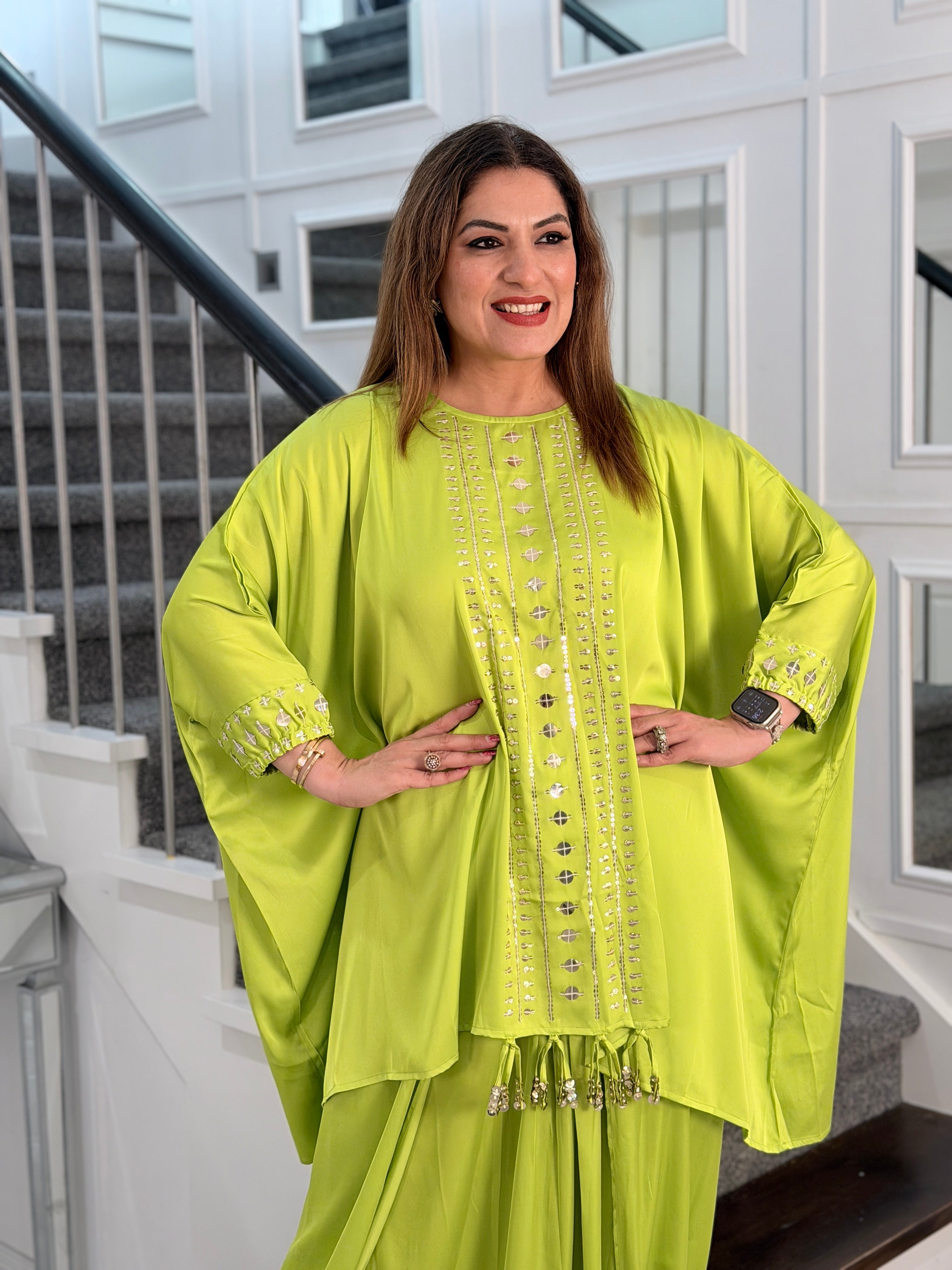 Lime Green Indo-Western Kaftan Set - Indo-western Wear (3)