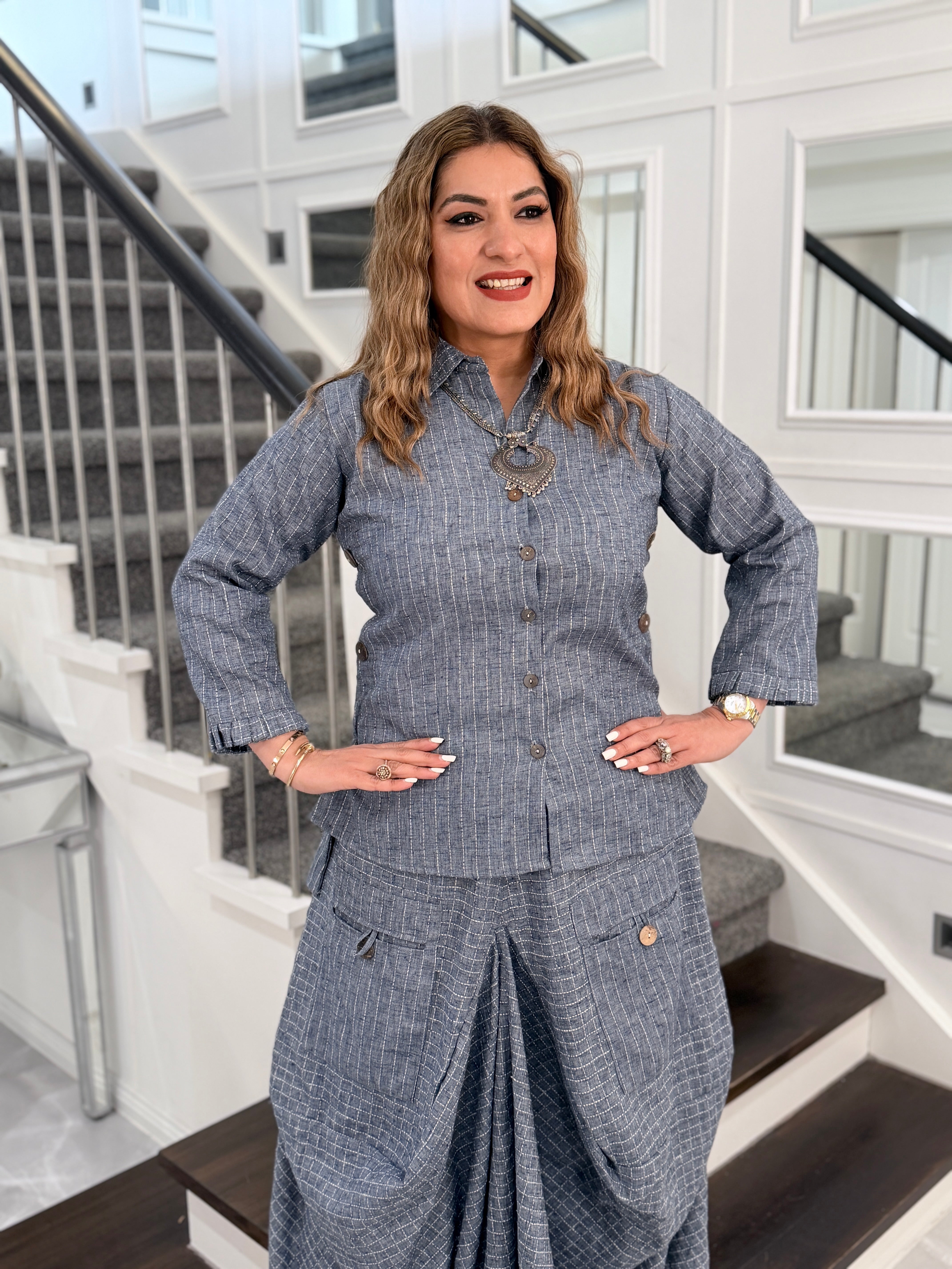 Chic Gray Checked Button-Up Coordset - Coordset (2)