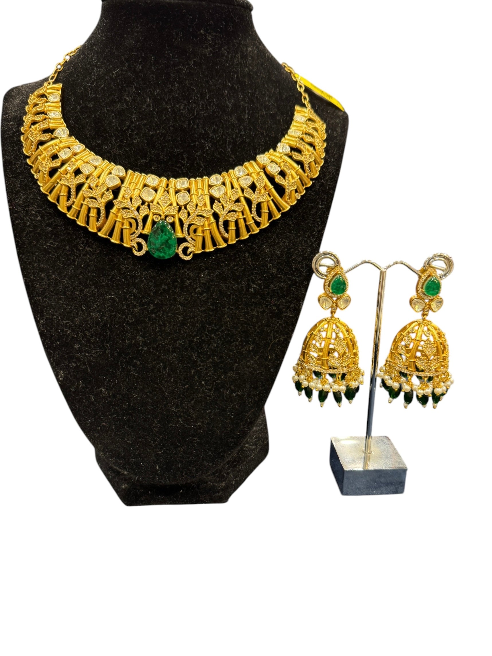 Elegant Gold and Green Jhumka Earrings - Neckpieces & Earring Set (4)