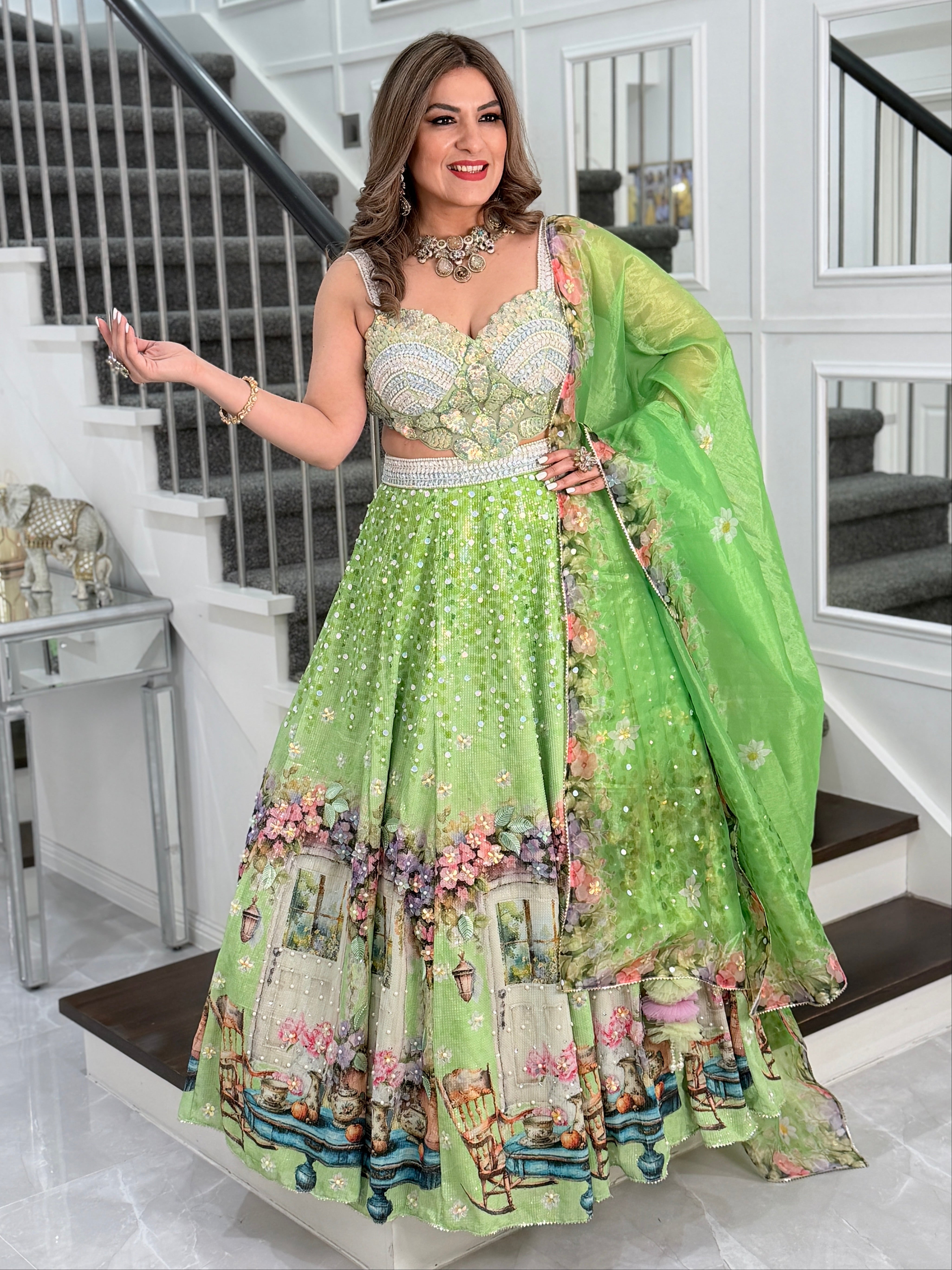 Vibrant Green Floral Lehenga Choli Set - Lehnga