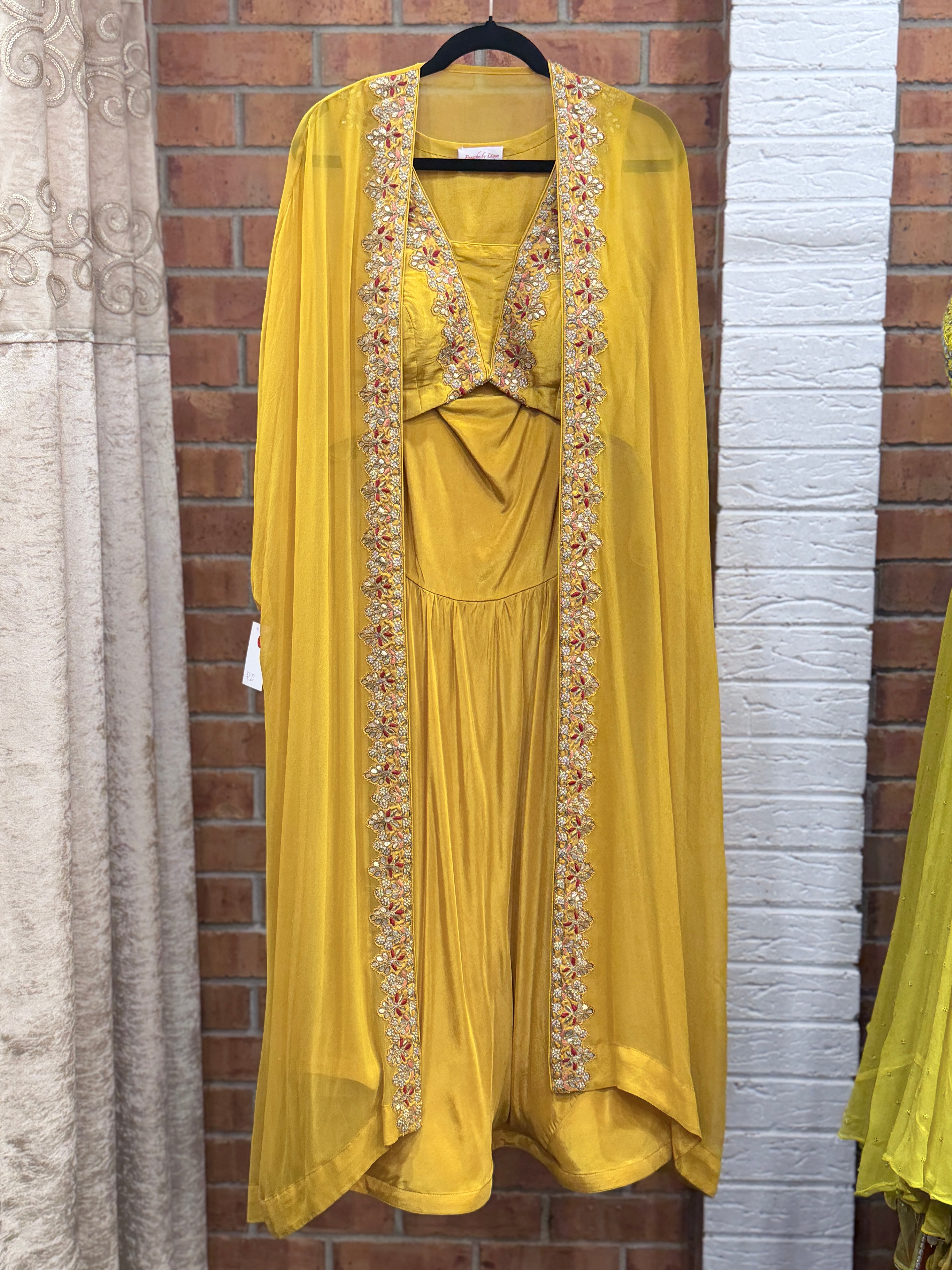 Yellow Embroidered Cape Dress - Indo-western Wear