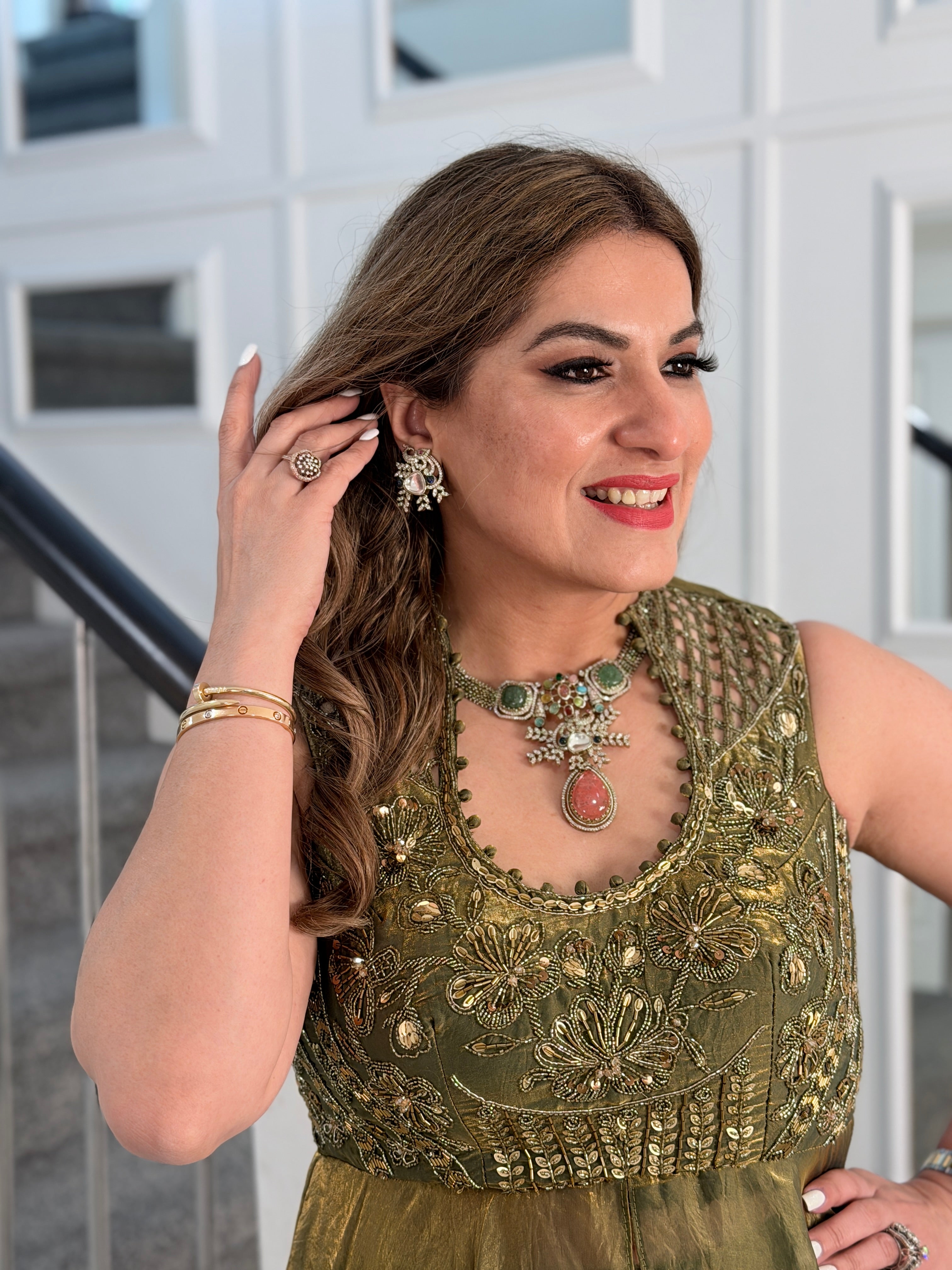 Olive Green Indo-Western Gown - Indo-western Wear (3)