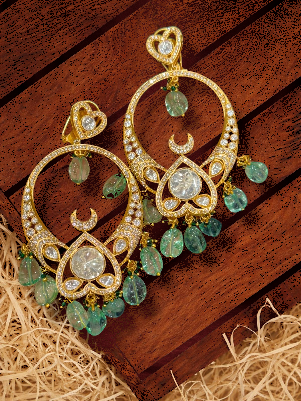 Gold and Emerald Drop Earrings - Earrings - Western/ Indo Western