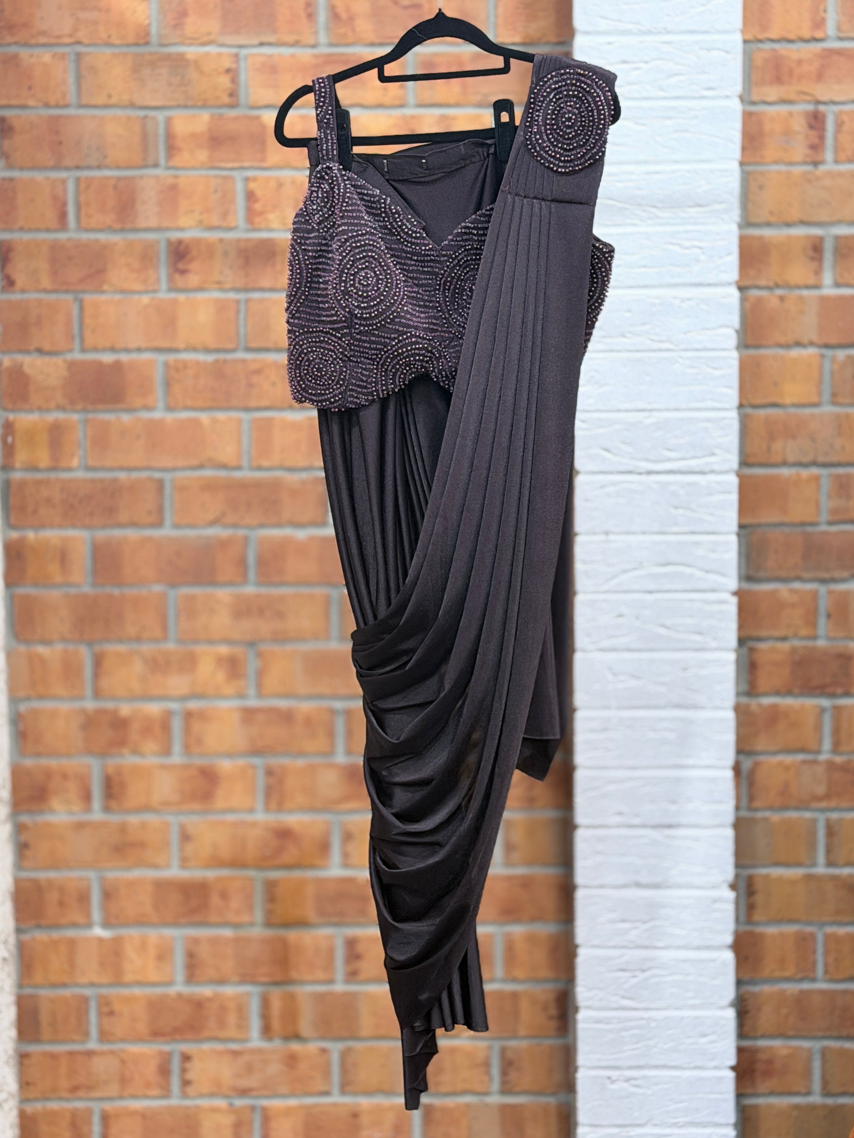 Elegant Purple Embellished Drape Saree Set - Saree (2)