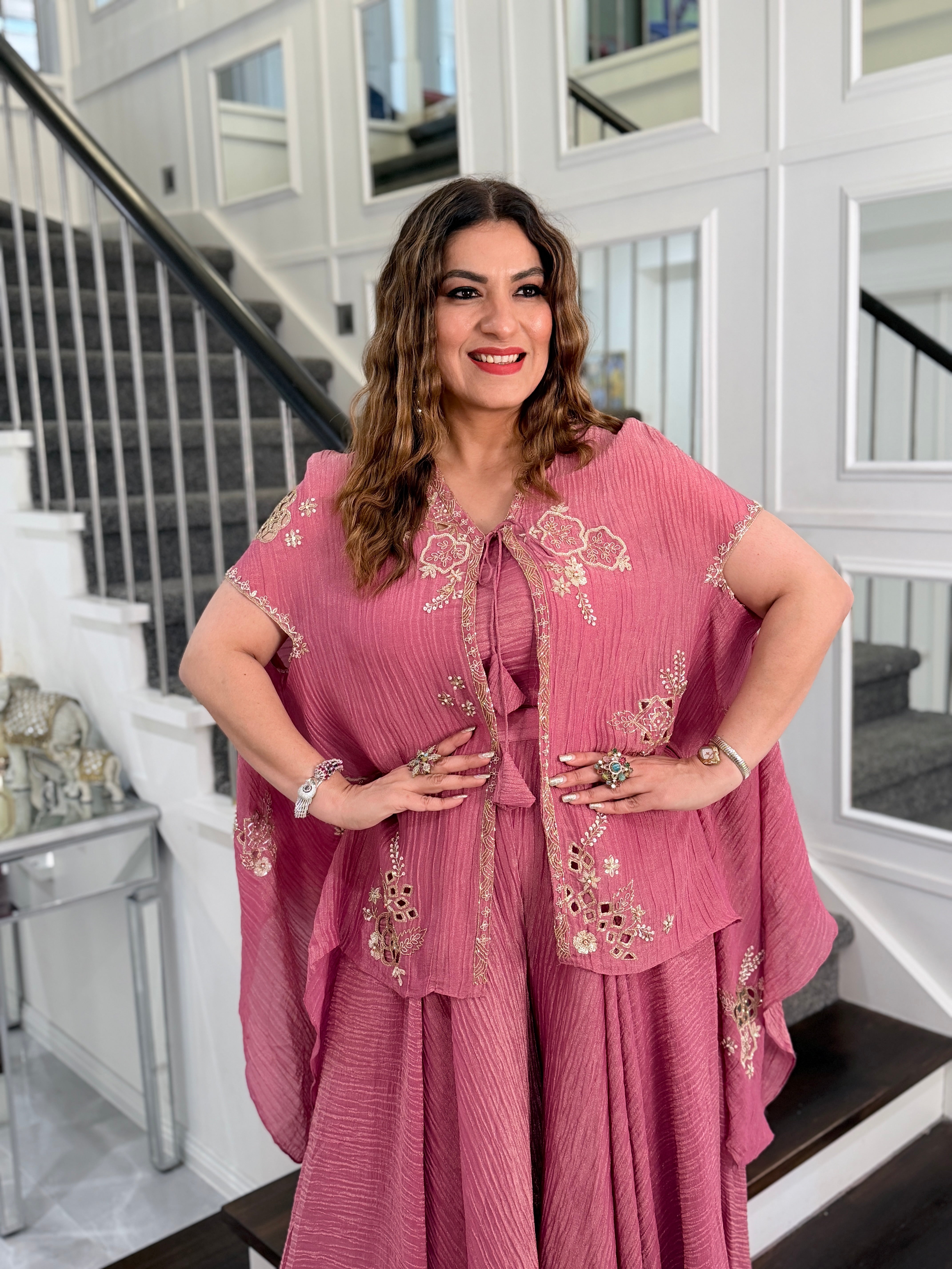 Rose Pink Embroidered Cape Set - Indo-western Wear (5)