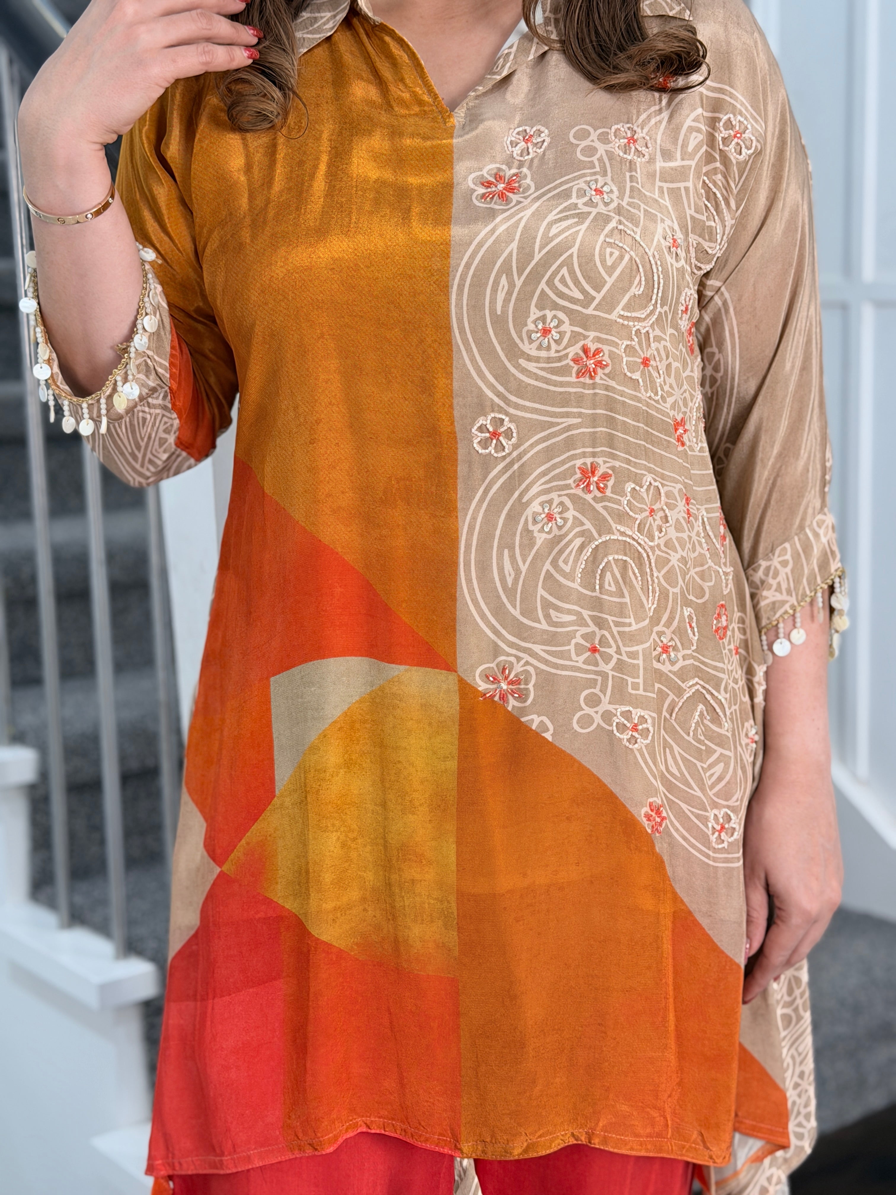 Vibrant Orange and Beige Embroidered Coordset