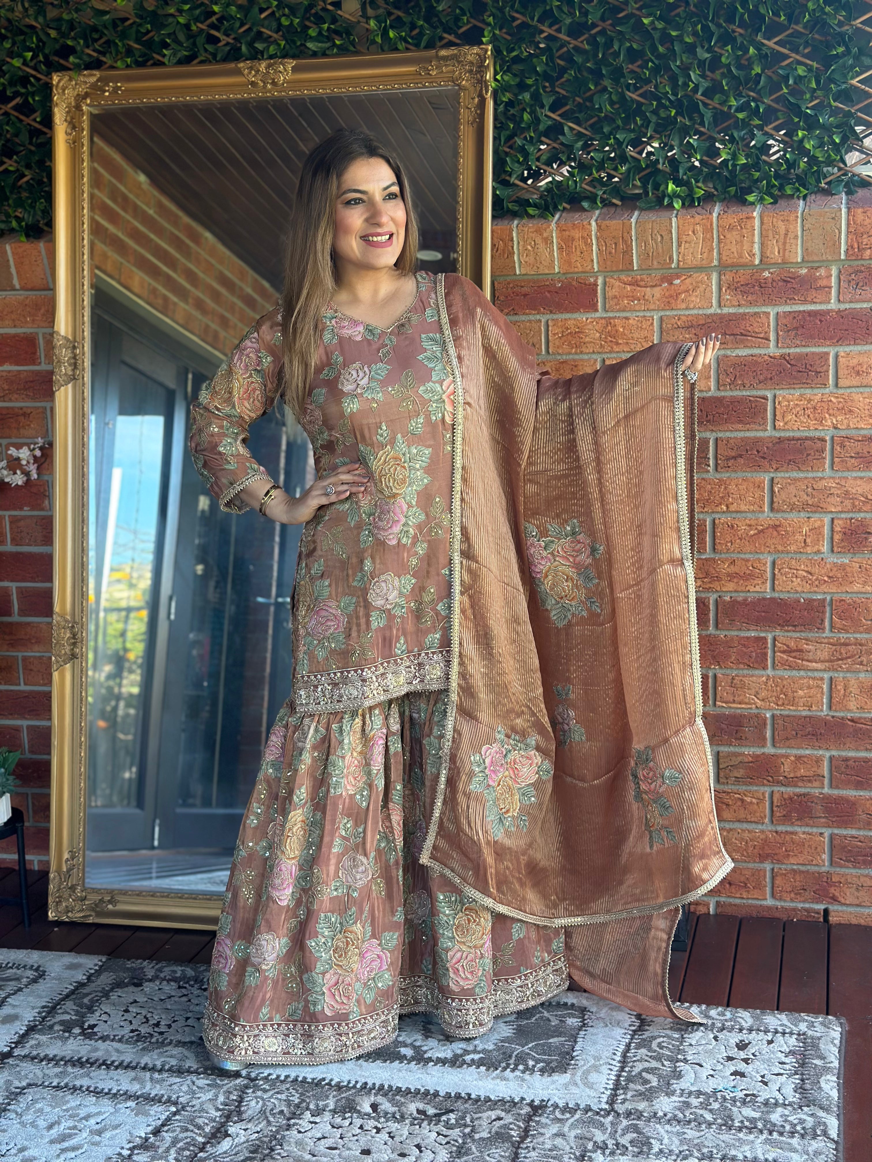 Pink/ Grey/ Brown Floral Embroidered Salwar Kameez