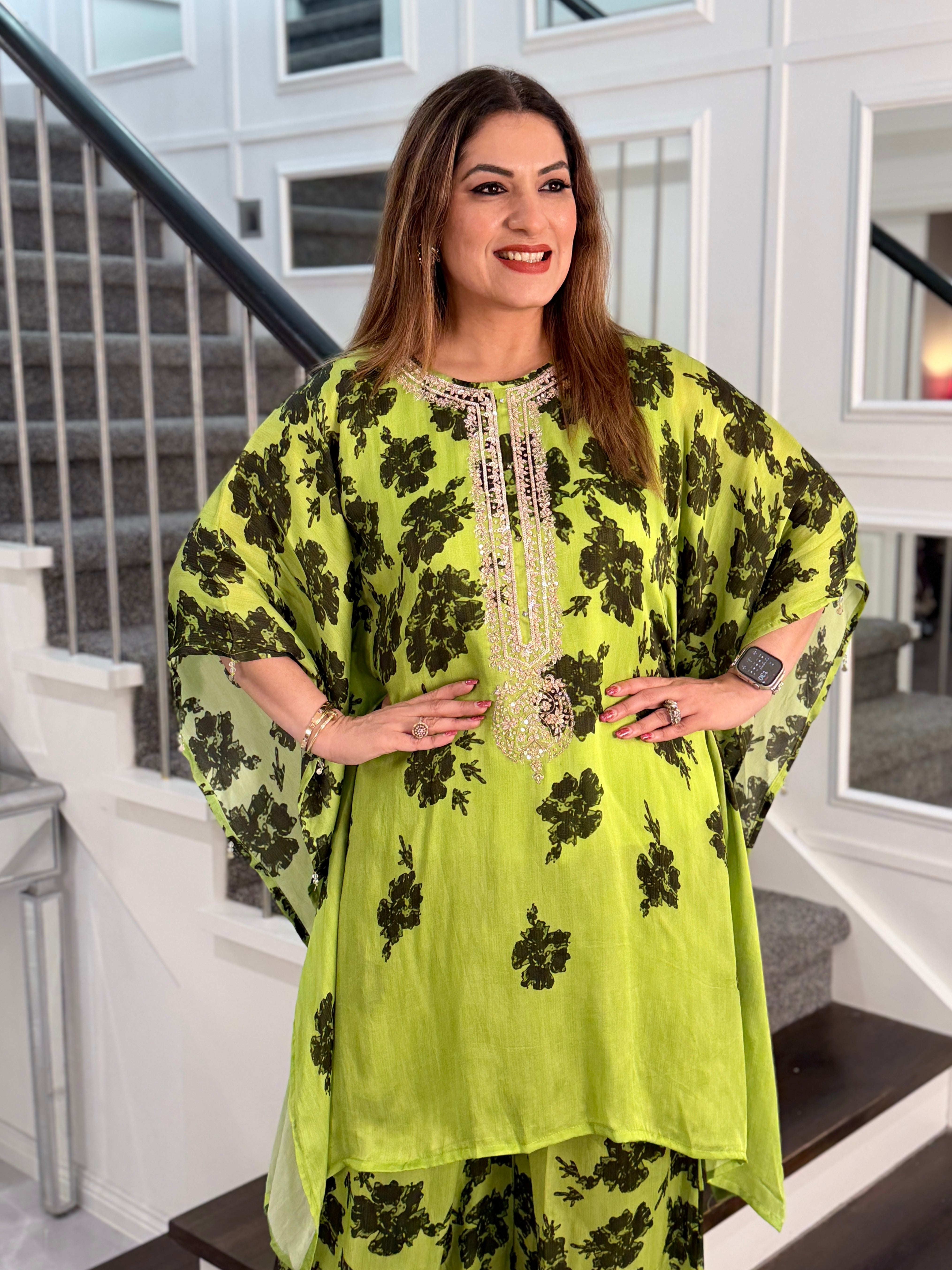 Lime Green Floral Kurta Set with Embellished Neckline - Indo-western Wear (2)