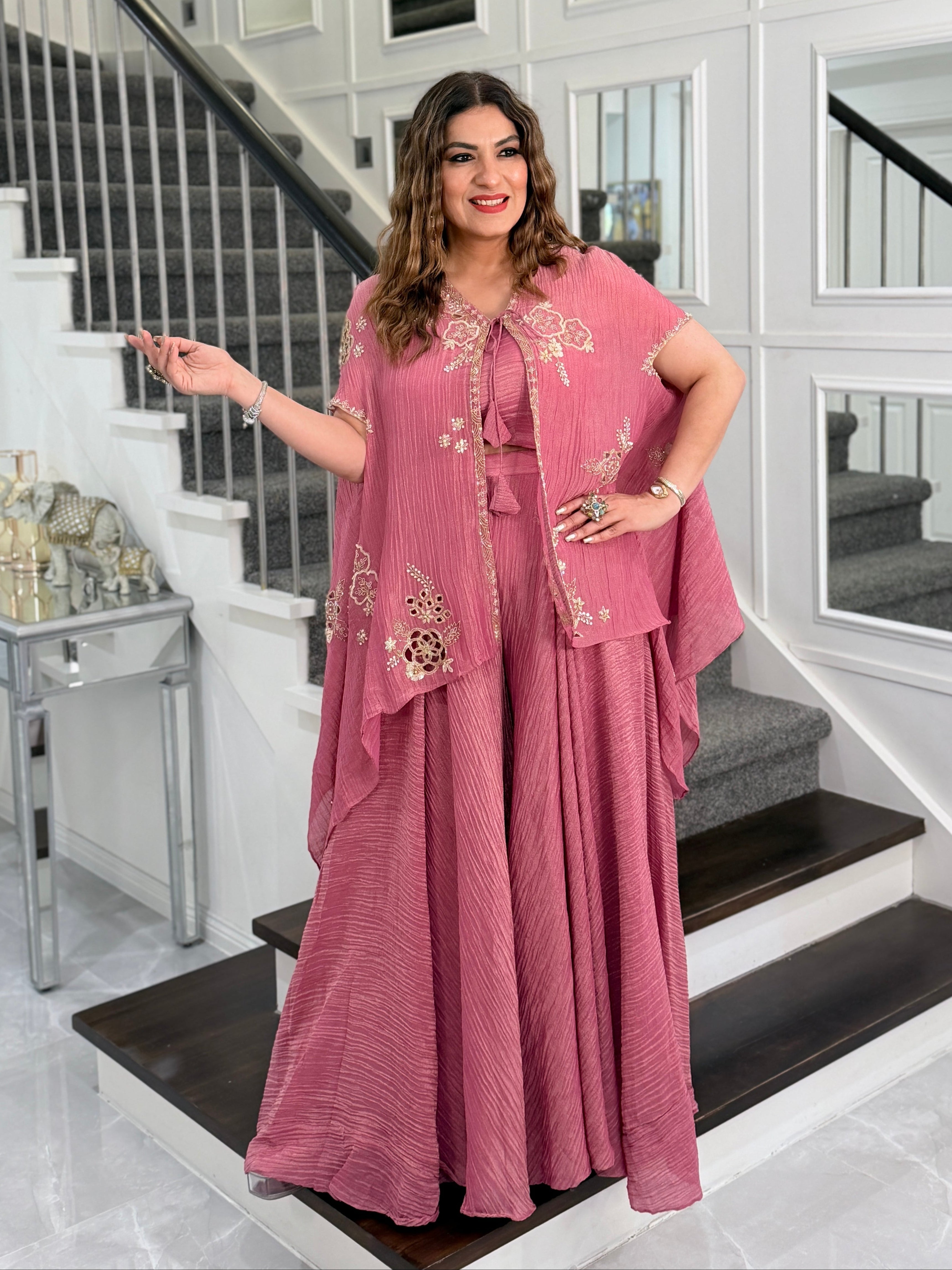 Rose Pink Embroidered Cape Set - Indo-western Wear