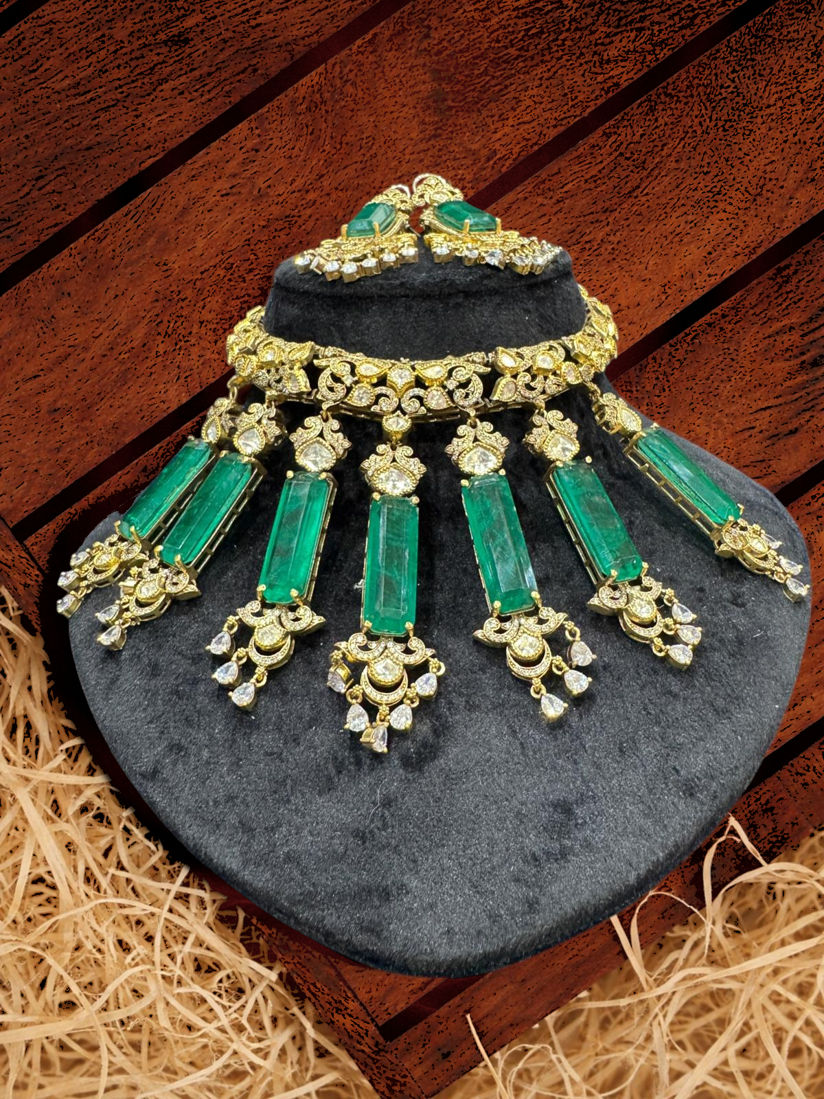 Emerald and Gold Statement Necklace Set - Neckpieces & Earring Set