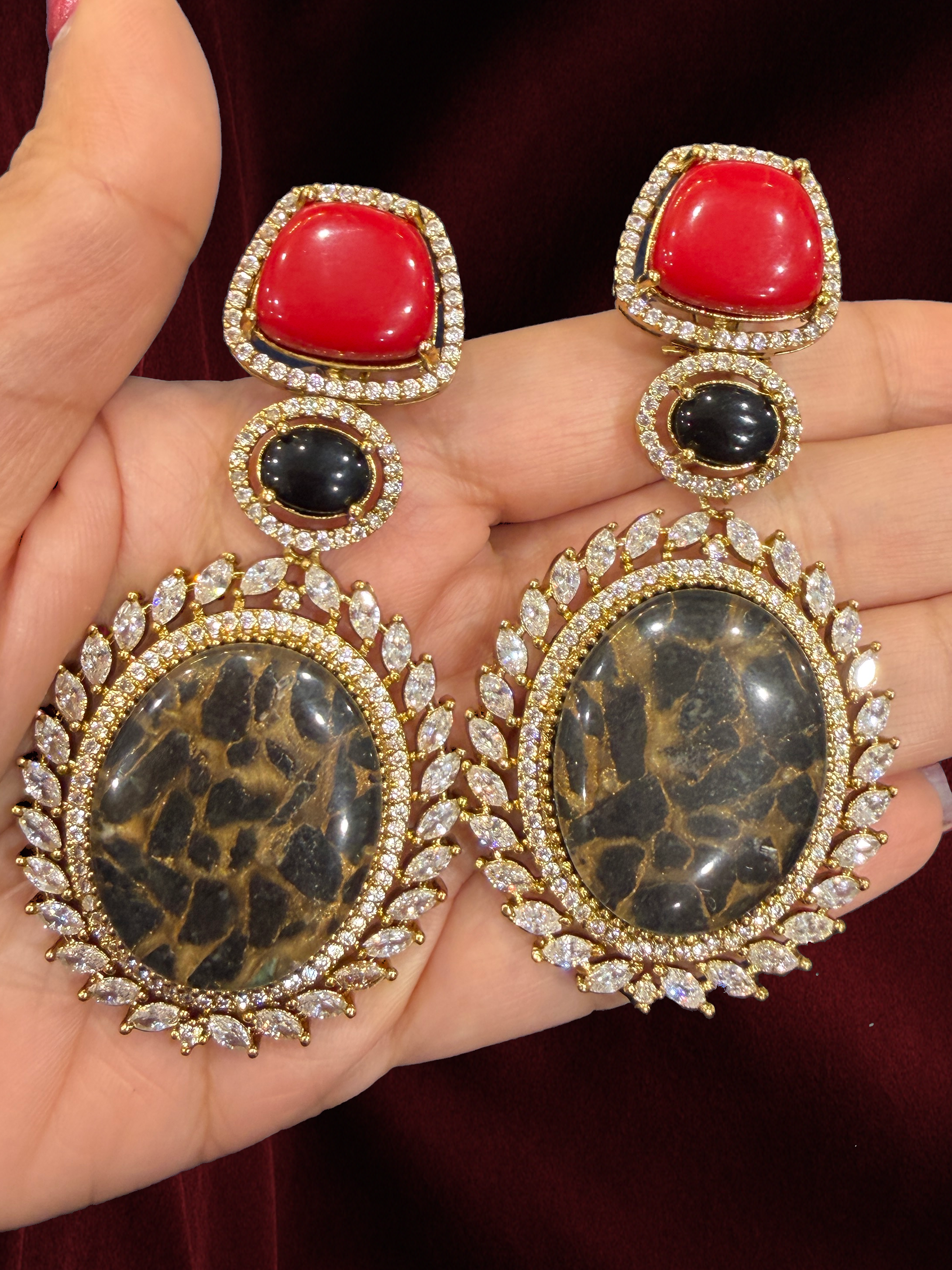 Bold Red and Black Stone Earrings - Earrings - Western/ Indo Western