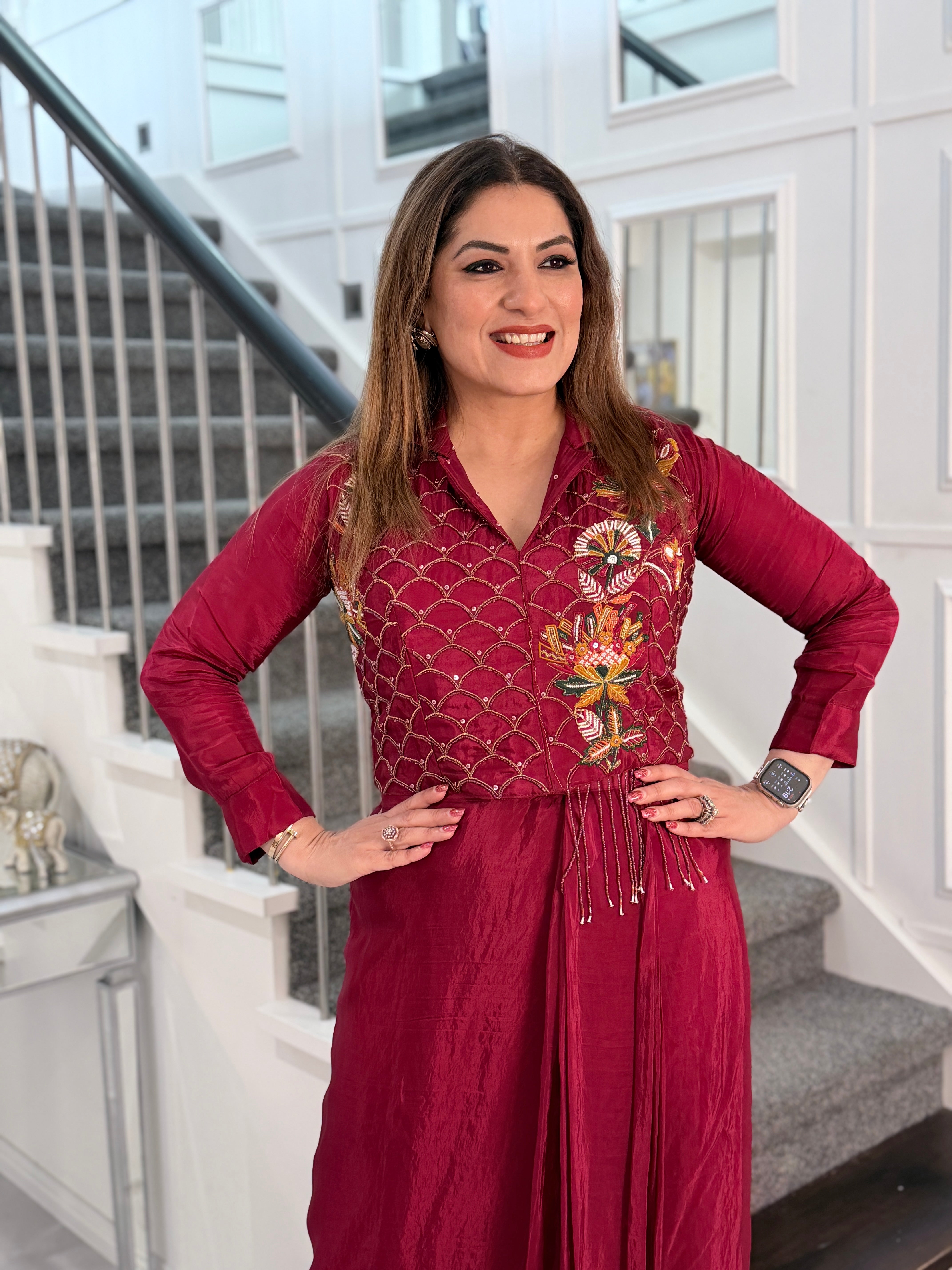 Burgundy Indo-western Dress with Embroidery - Indo-western Wear (2)