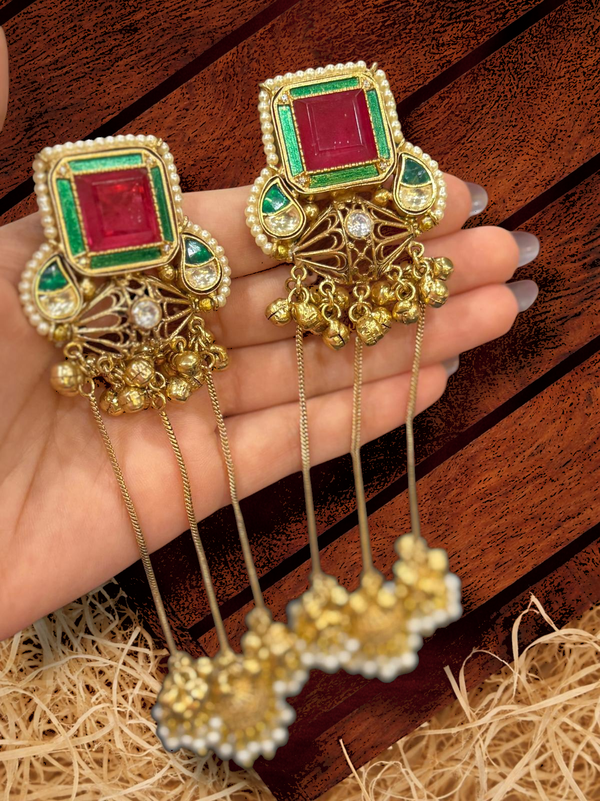 Elegant Red and Green Dangle Earrings - Earrings - Western/ Indo Western