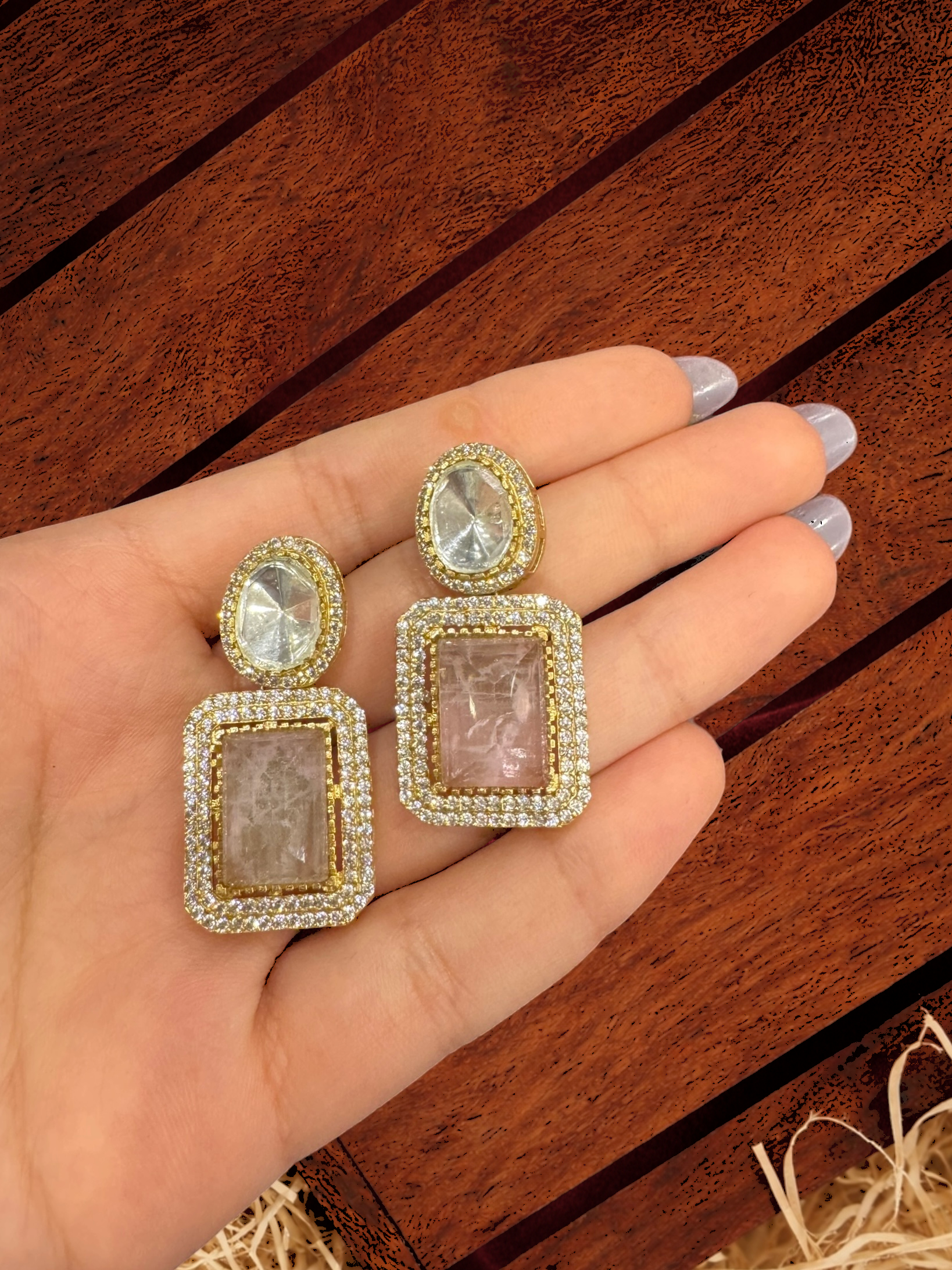 Elegant Gold and Pink Stone Earrings - Neckpieces & Earring Set