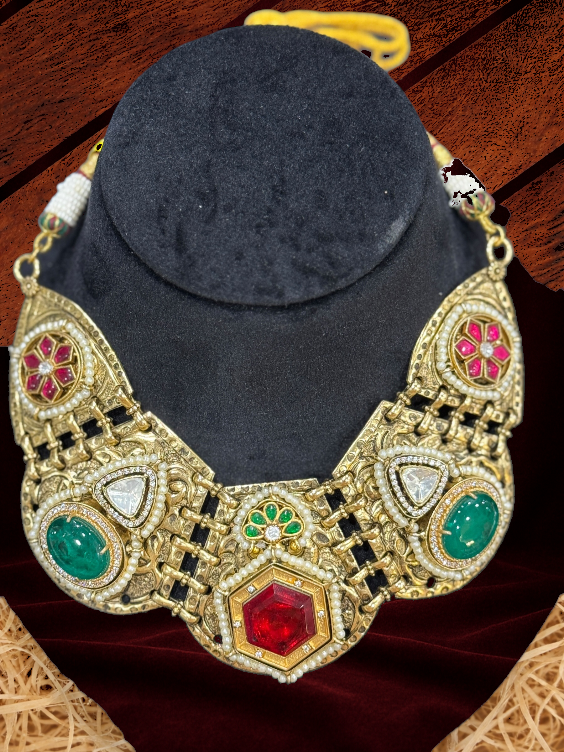 Gold Intricate Gemstone Necklace Set - Neckpieces & Earring Set
