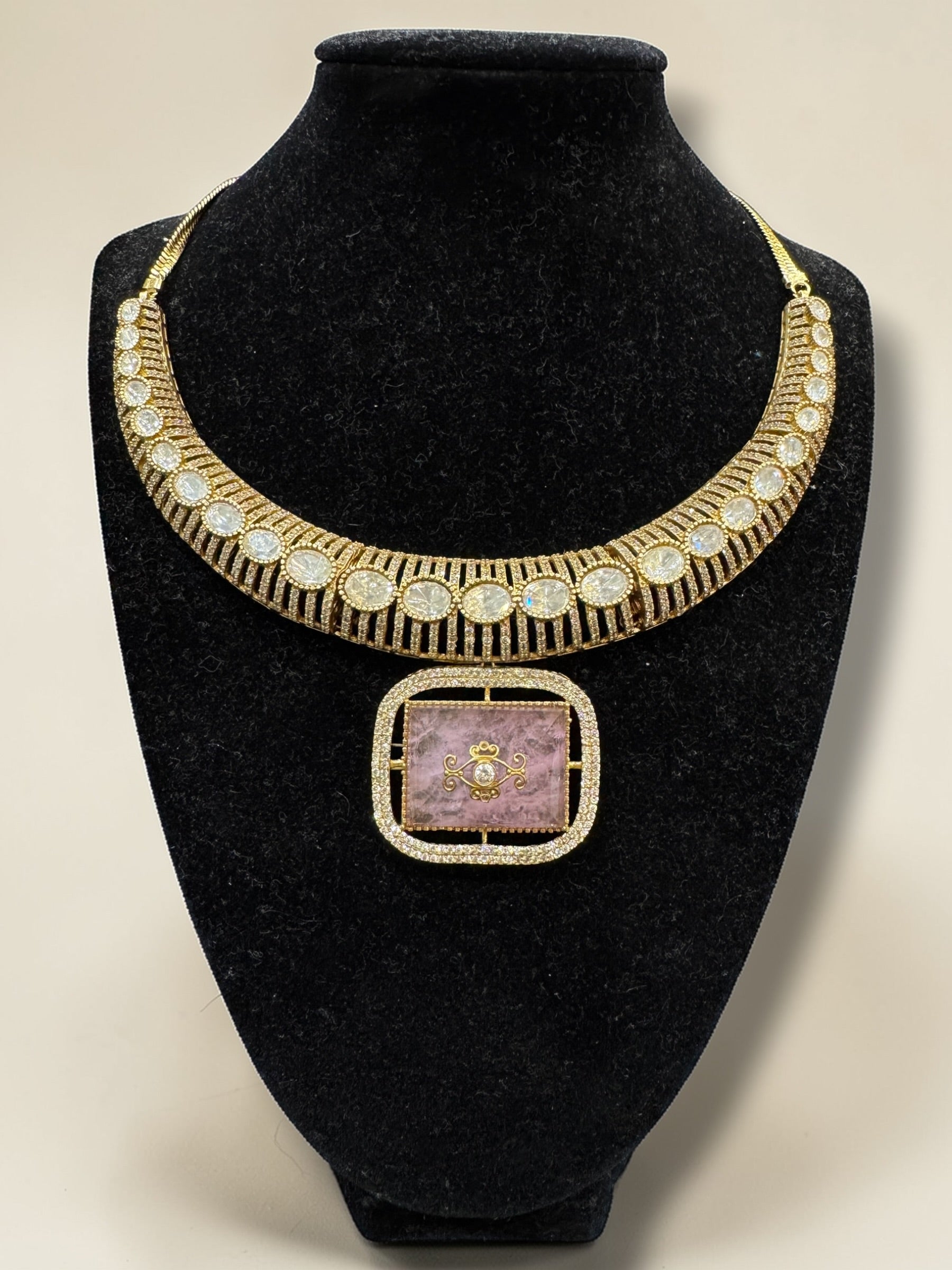 Elegant Gold and Pink Stone Earrings - Neckpieces & Earring Set (2)