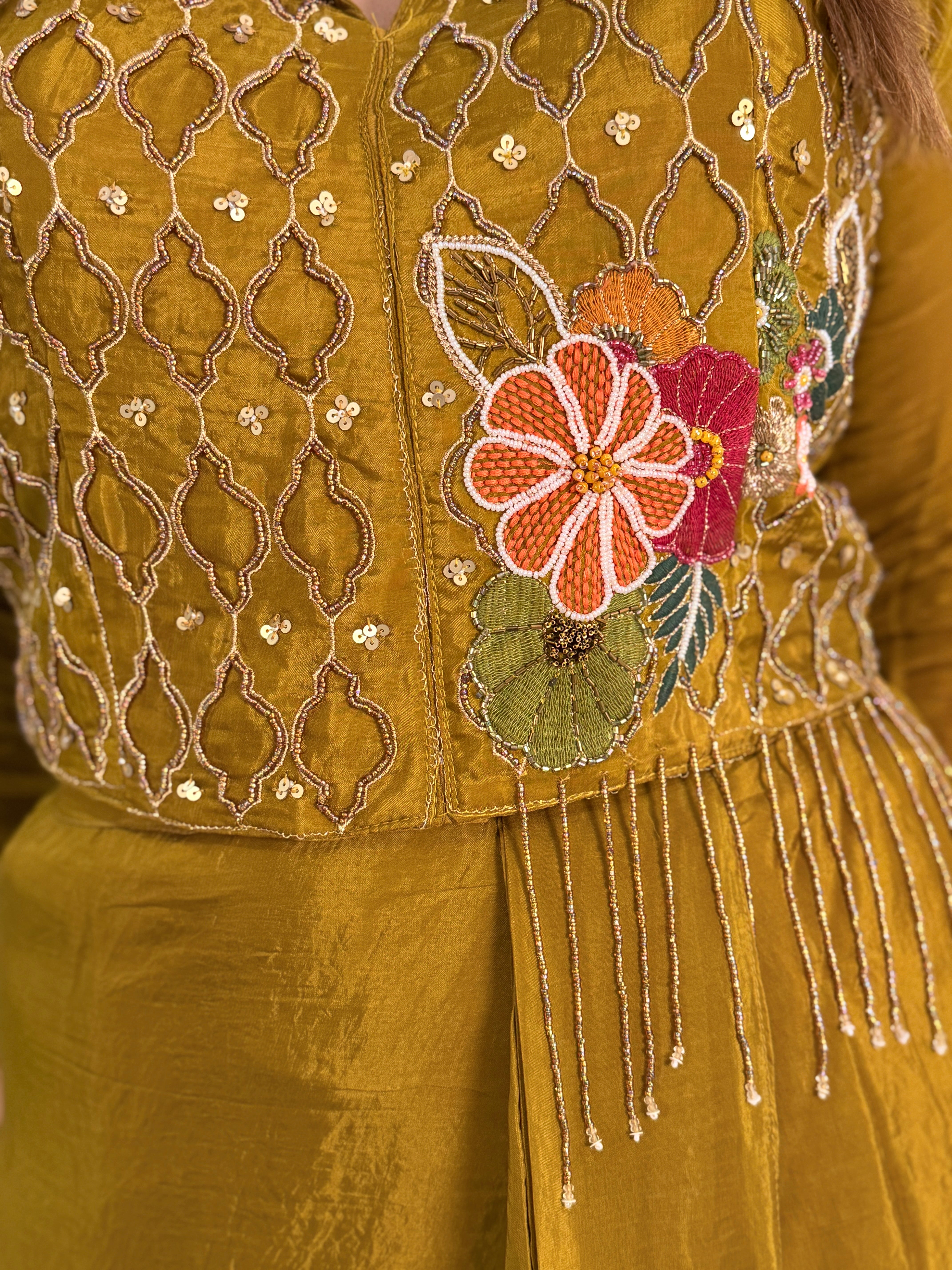 Olive Indo-Western Dress with Floral Accents - Indo-western Wear (4)