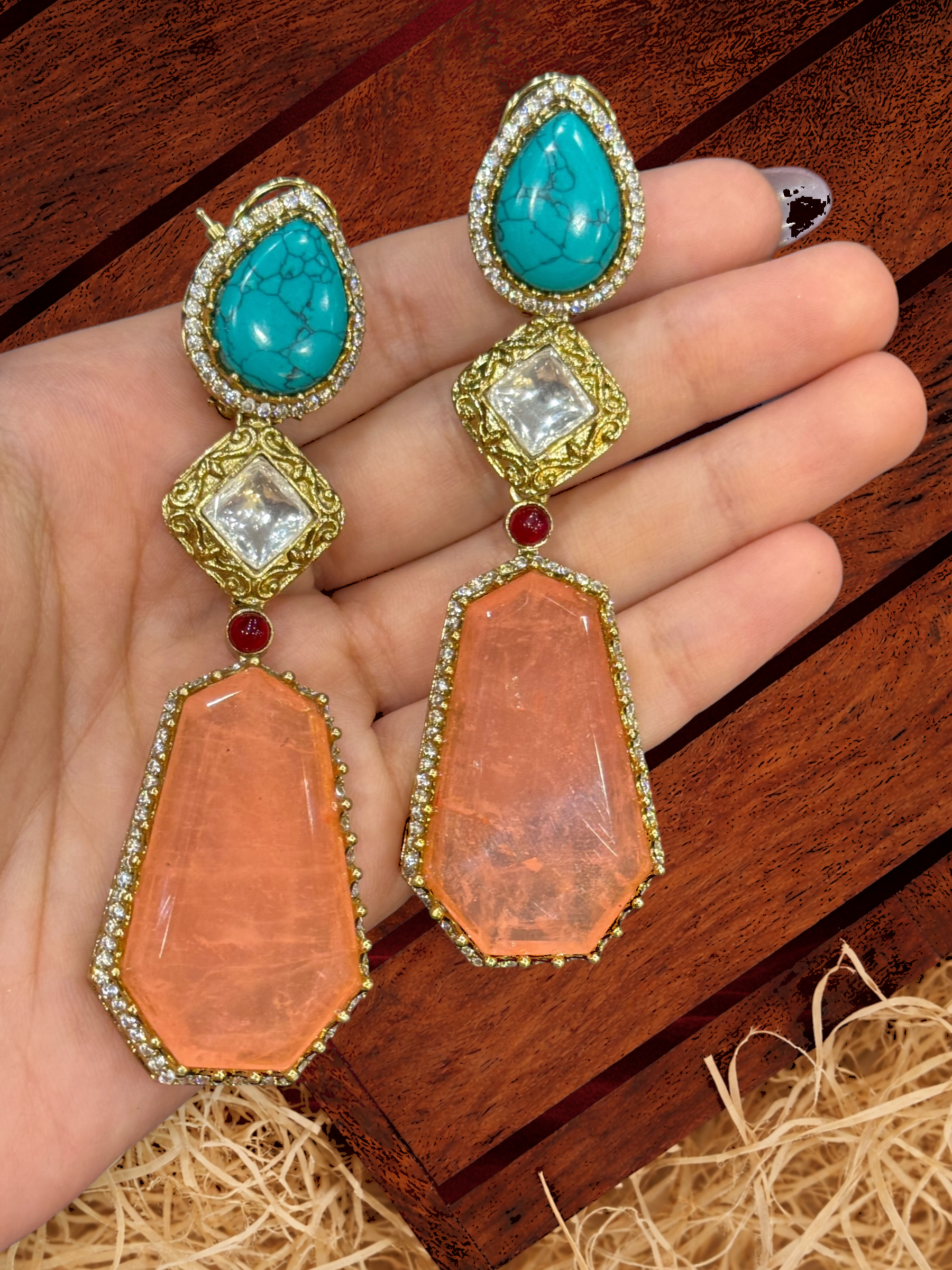 Elegant Turquoise and Peach Dangle Earrings - Earrings - Western/ Indo Western