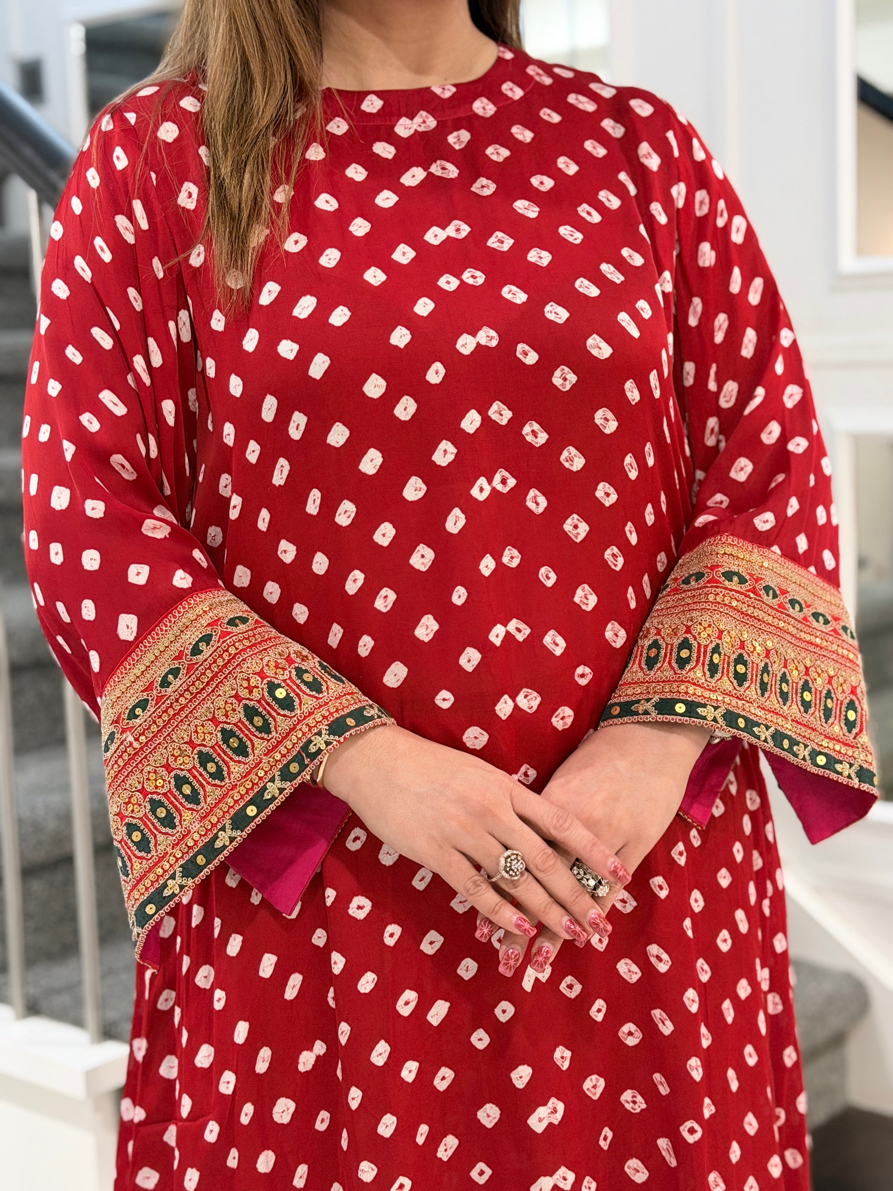 Red Ethnic Kurta with Embellished Sleeves - Indo-western Wear