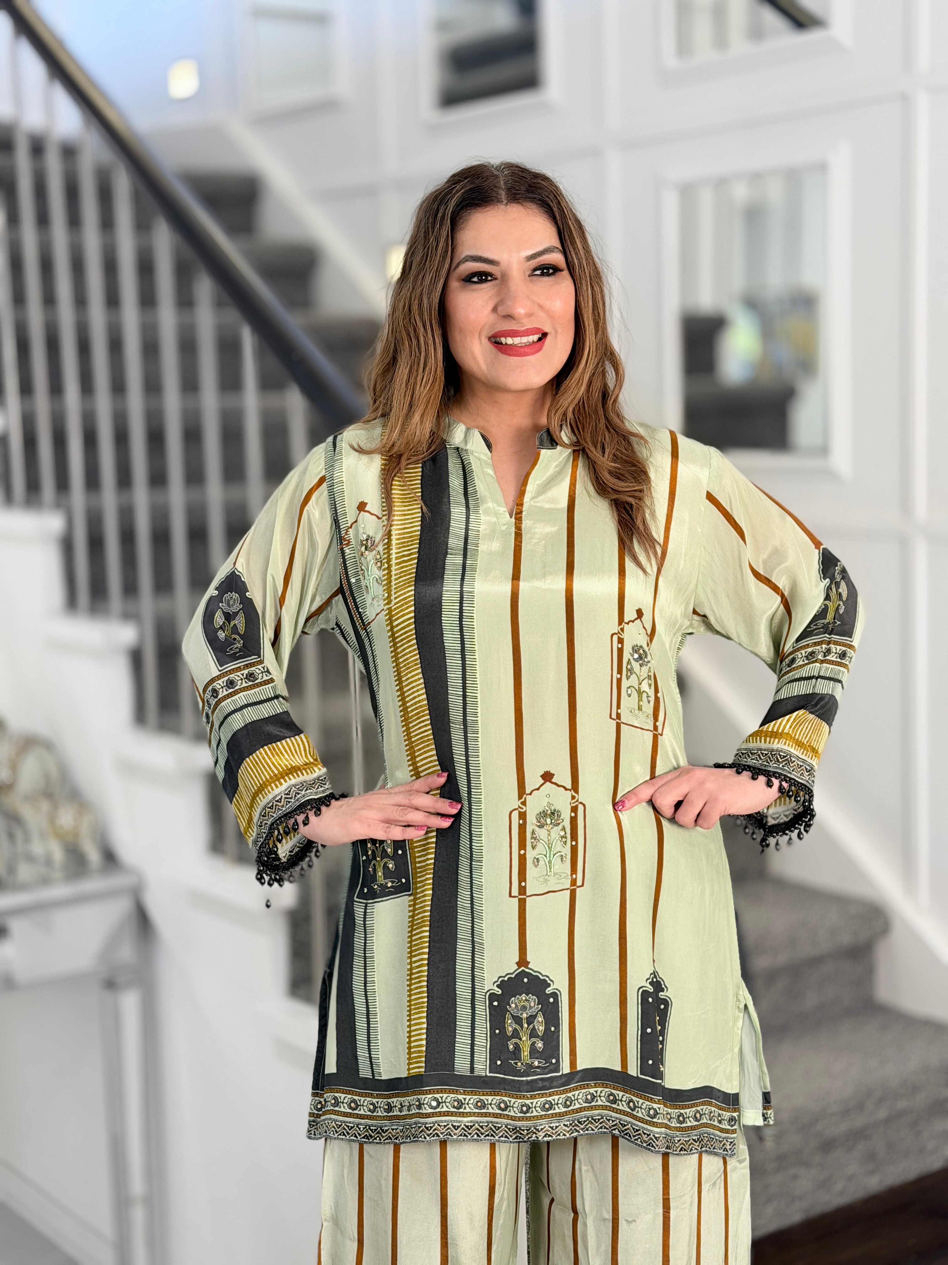 Mint and Gold Striped Ethnic Coordset - Coordset (2)