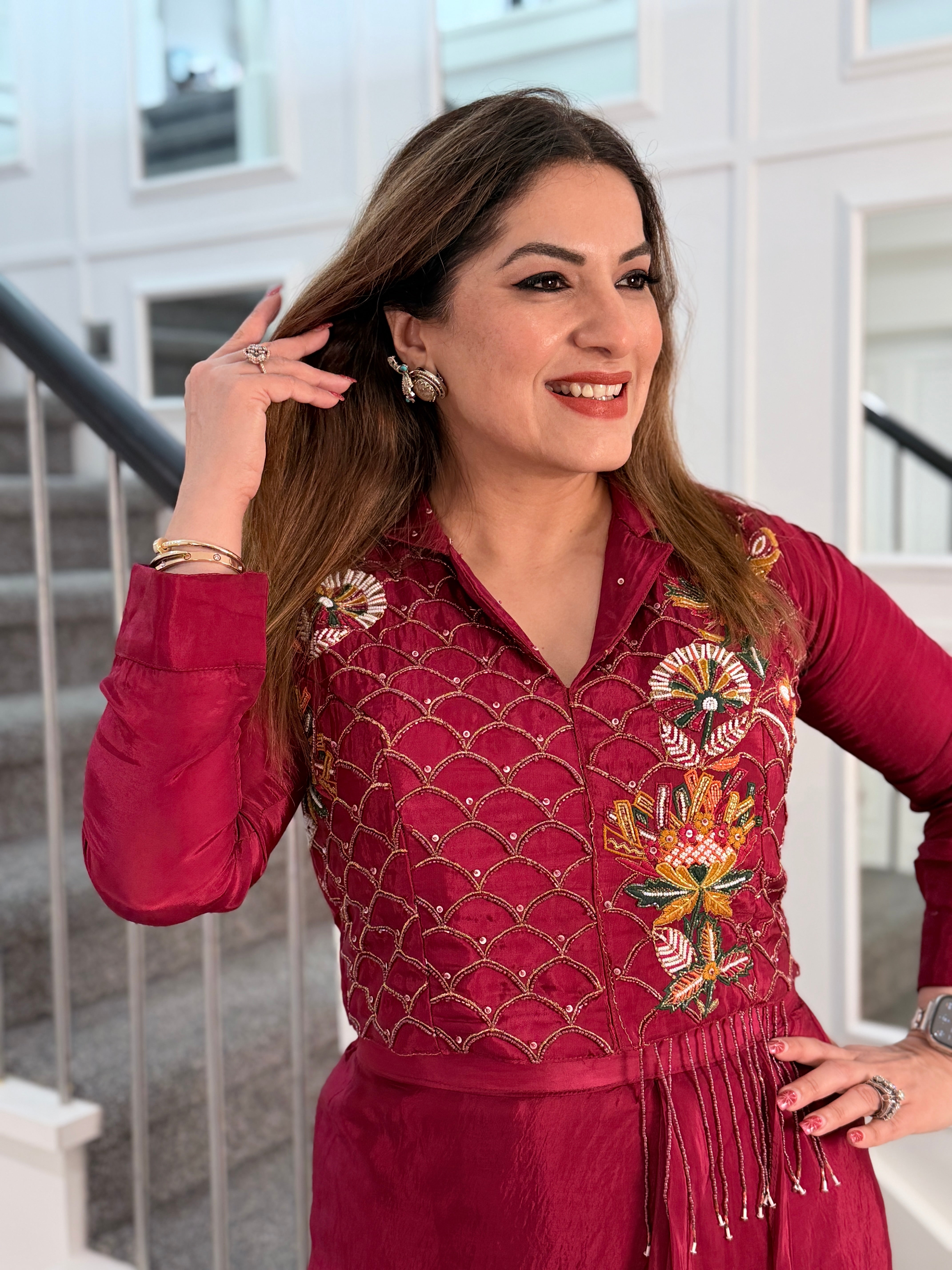 Burgundy Indo-western Dress with Embroidery - Indo-western Wear (4)