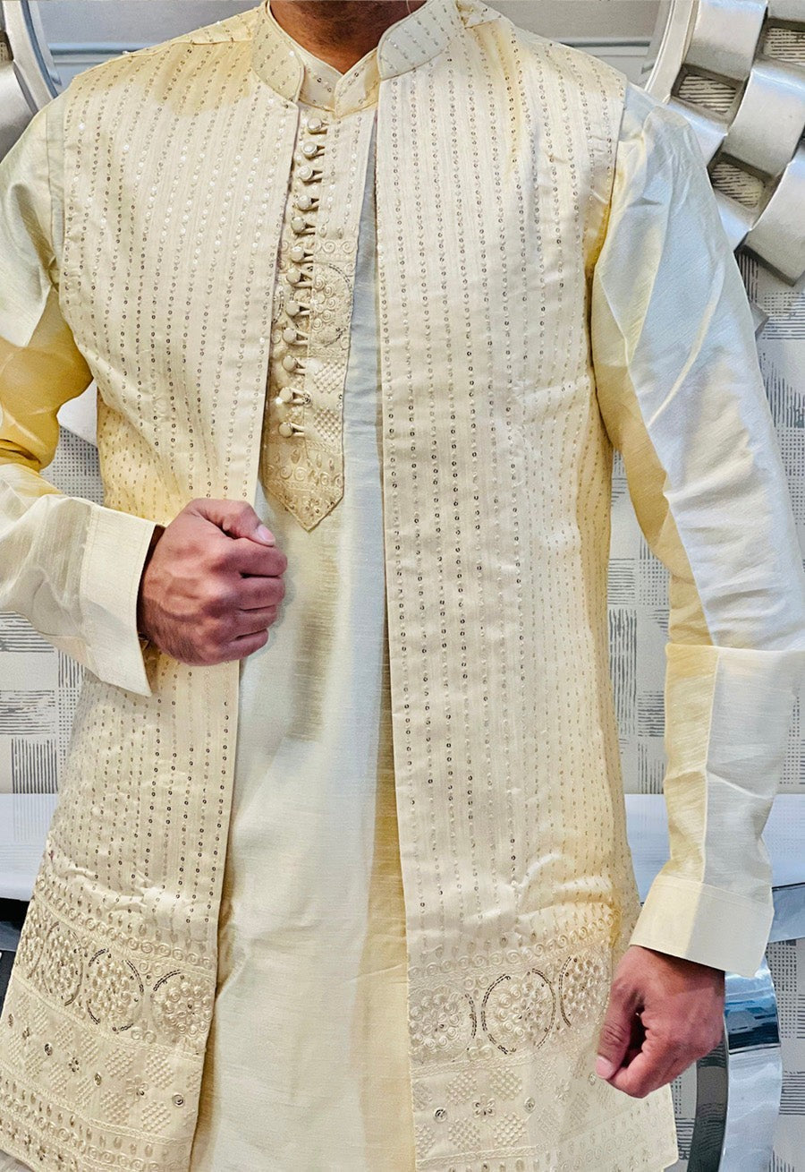 Mens Wear - Long Offwhite Jacket with matching Kurta and pants Set