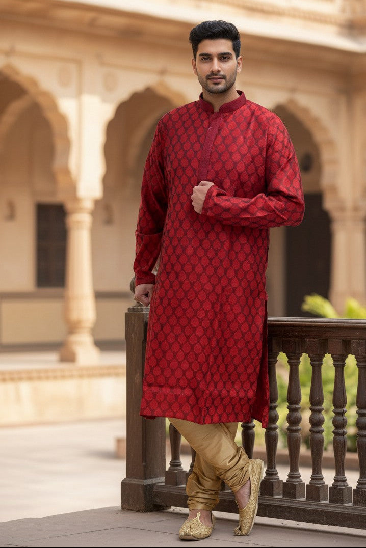 Panache red jacquard kurta payjama set with gold accents and leaf pattern. Traditional Indian wear.
