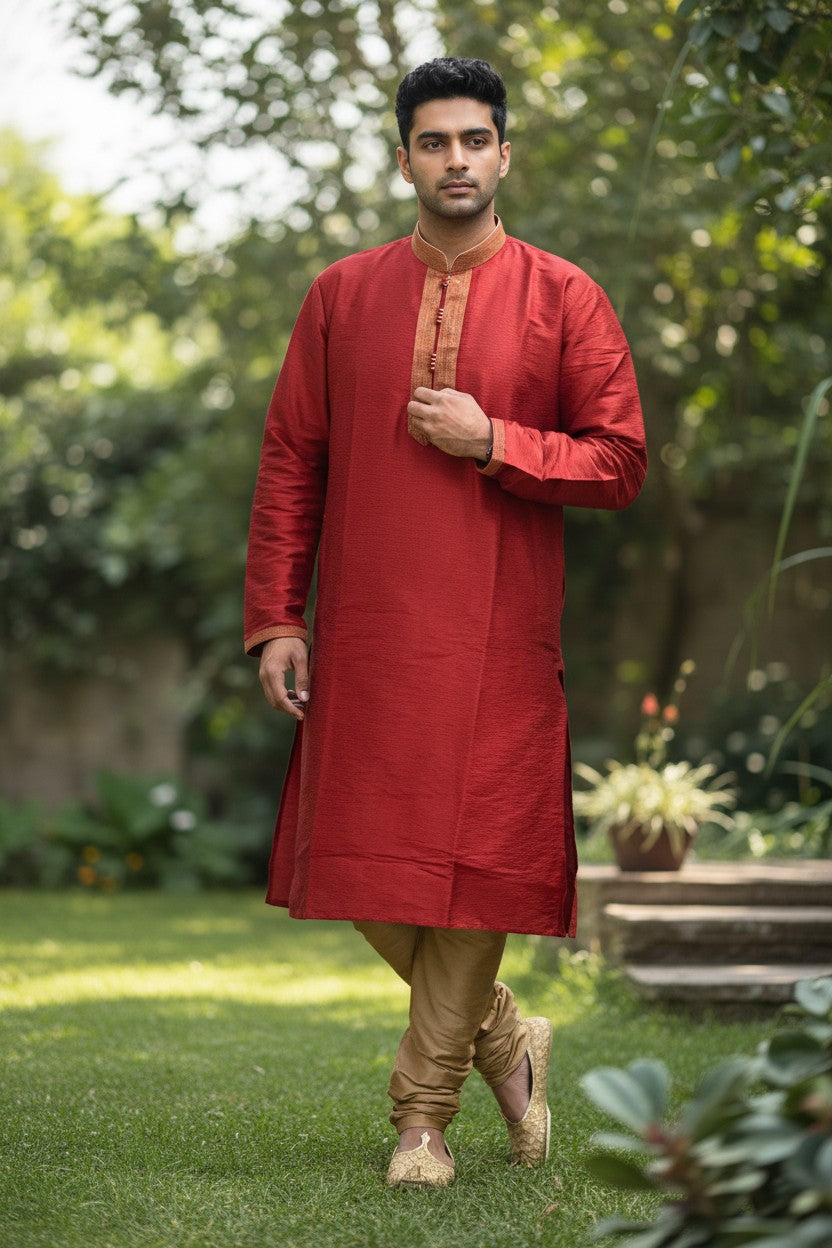 Panache red silk kurta with gold embroidered collar and cuffs, paired with gold payjama.