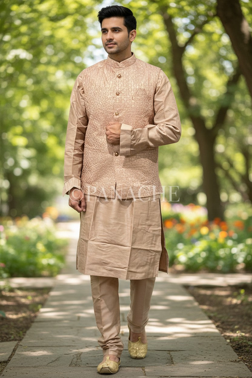 PanacheByDivya men's beige kurta pajama set with a textured, embroidered Nehru jacket. Ideal for festive occasions.