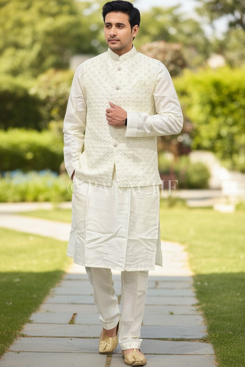PanacheByDivya cream embroidered kurta pajama with matching jacket, a traditional Indian three-piece outfit.