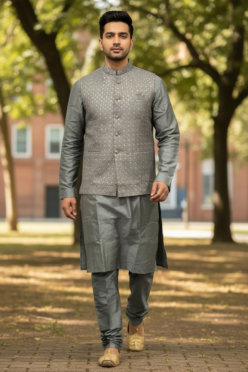 PanacheByDivya grey silk kurta pajama with embroidered Nehru jacket, a 3-piece ethnic wear set.