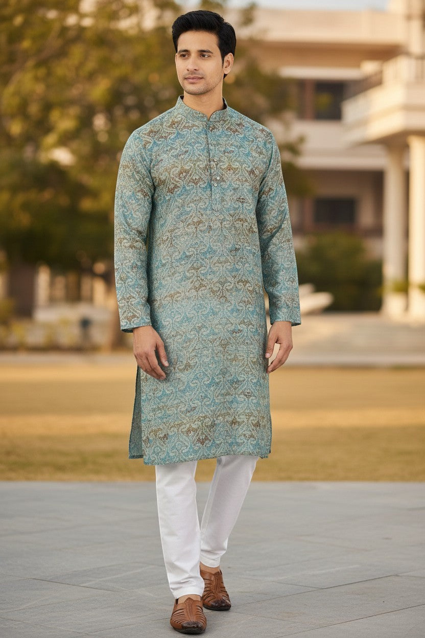 PanacheByDivya men's light blue and tan patterned kurta pajama set with white pants. Lightweight, breathable fabric.
