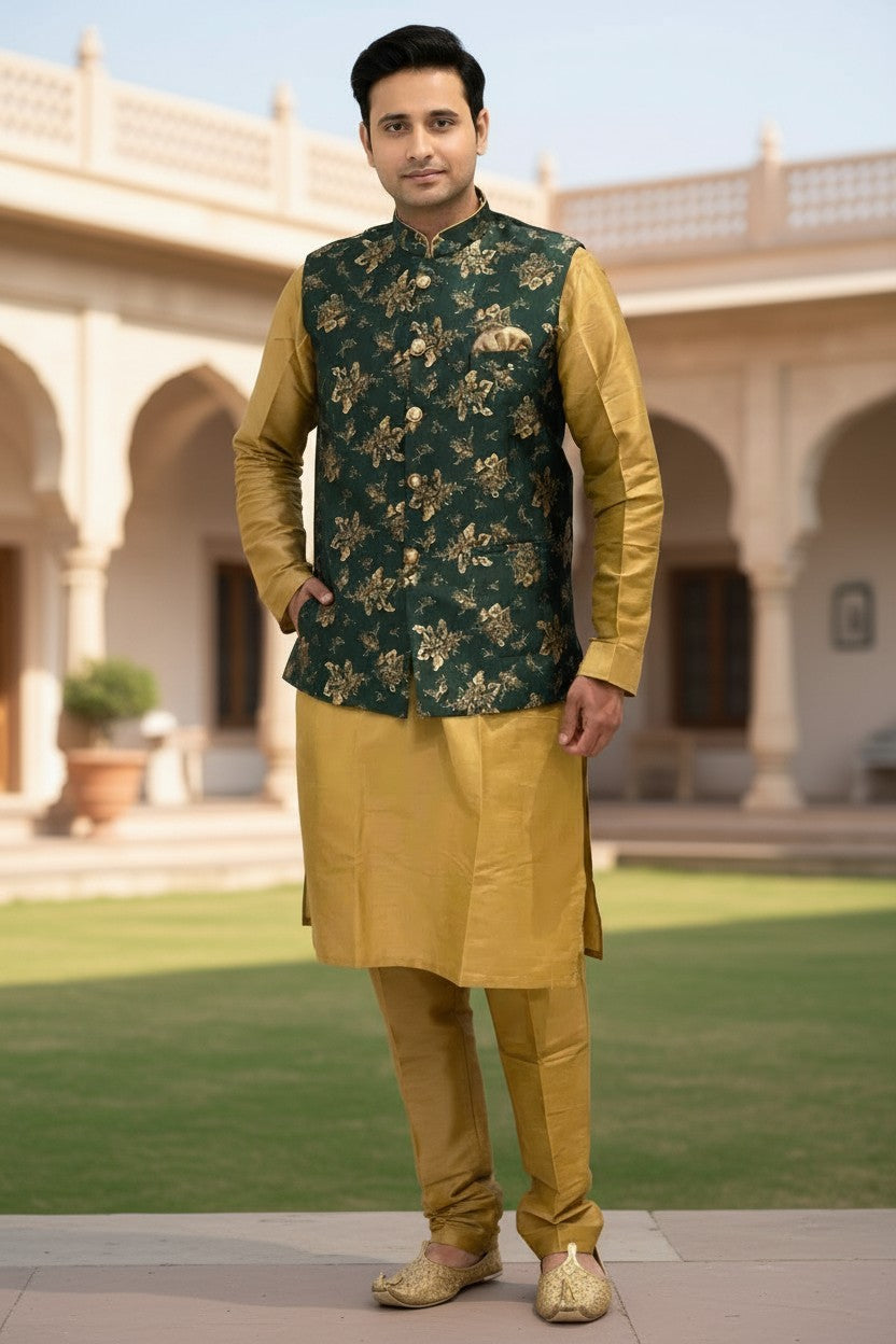 PanacheByDivya men's mustard kurta pajama set with a dark green floral print Nehru jacket.