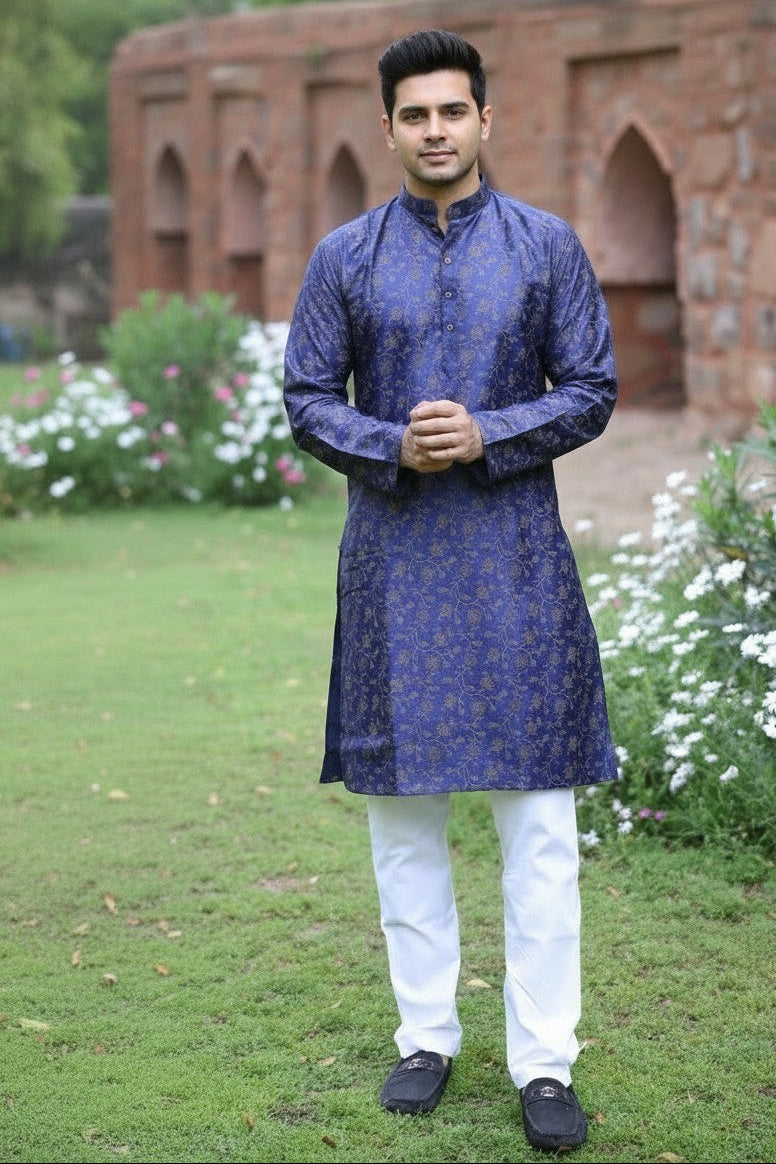PanacheByDivya men's royal blue jacquard kurta with white pajama, suitable for parties and festivals.