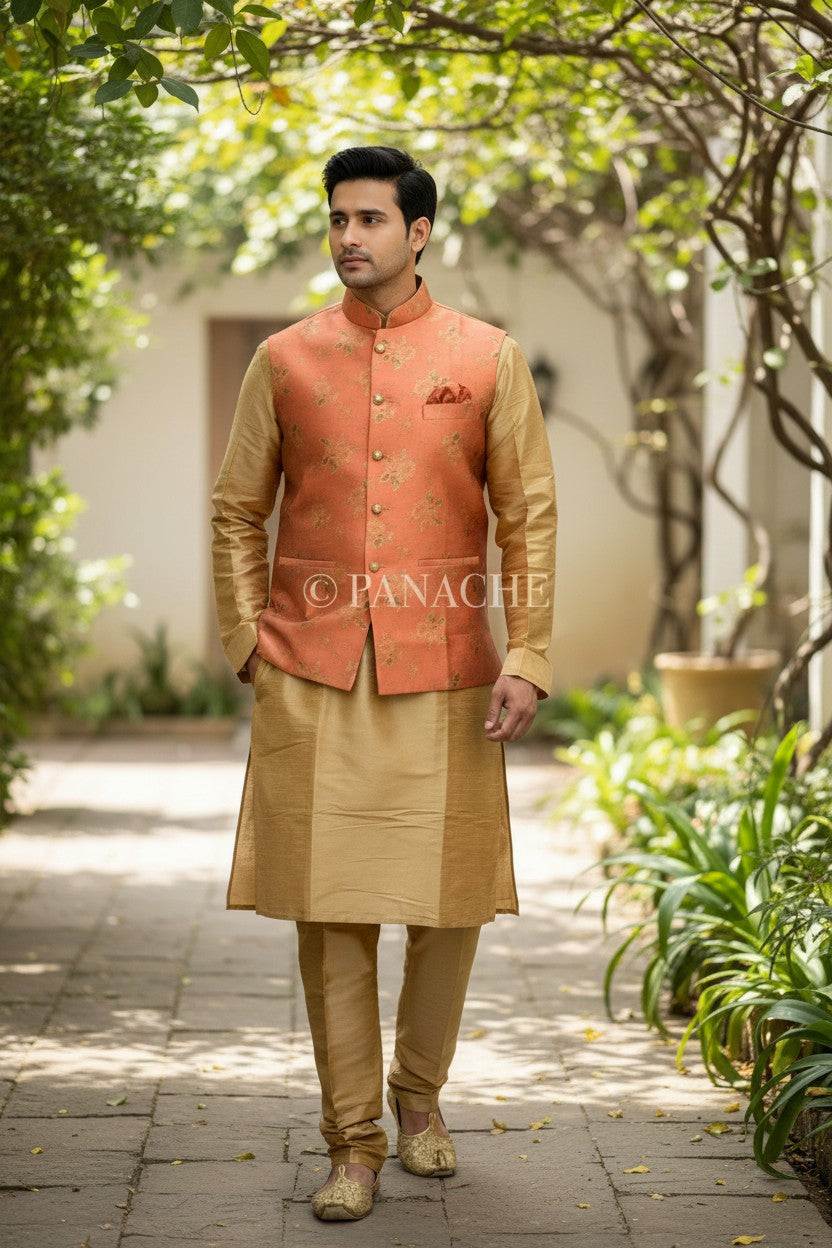 PanacheByDivya peach floral print silk kurta pajama jacket set with golden silk kurta and pajama.
