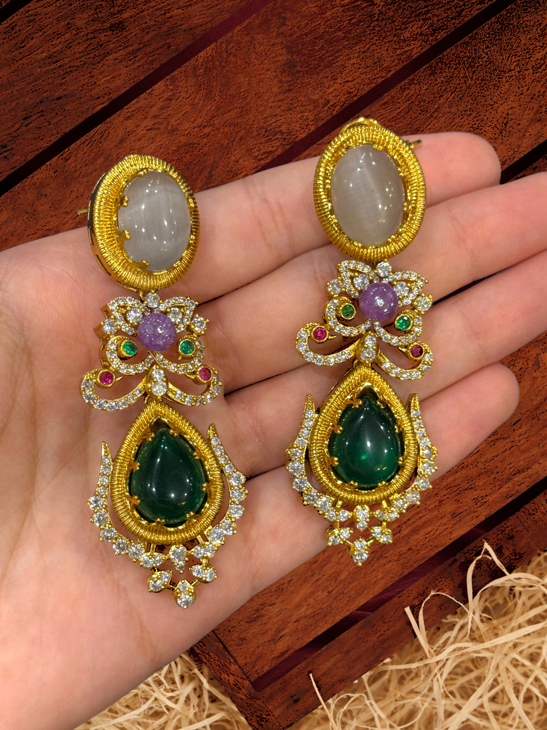 Elegant Green and Gold Statement Earrings - Earrings - Western/ Indo Western
