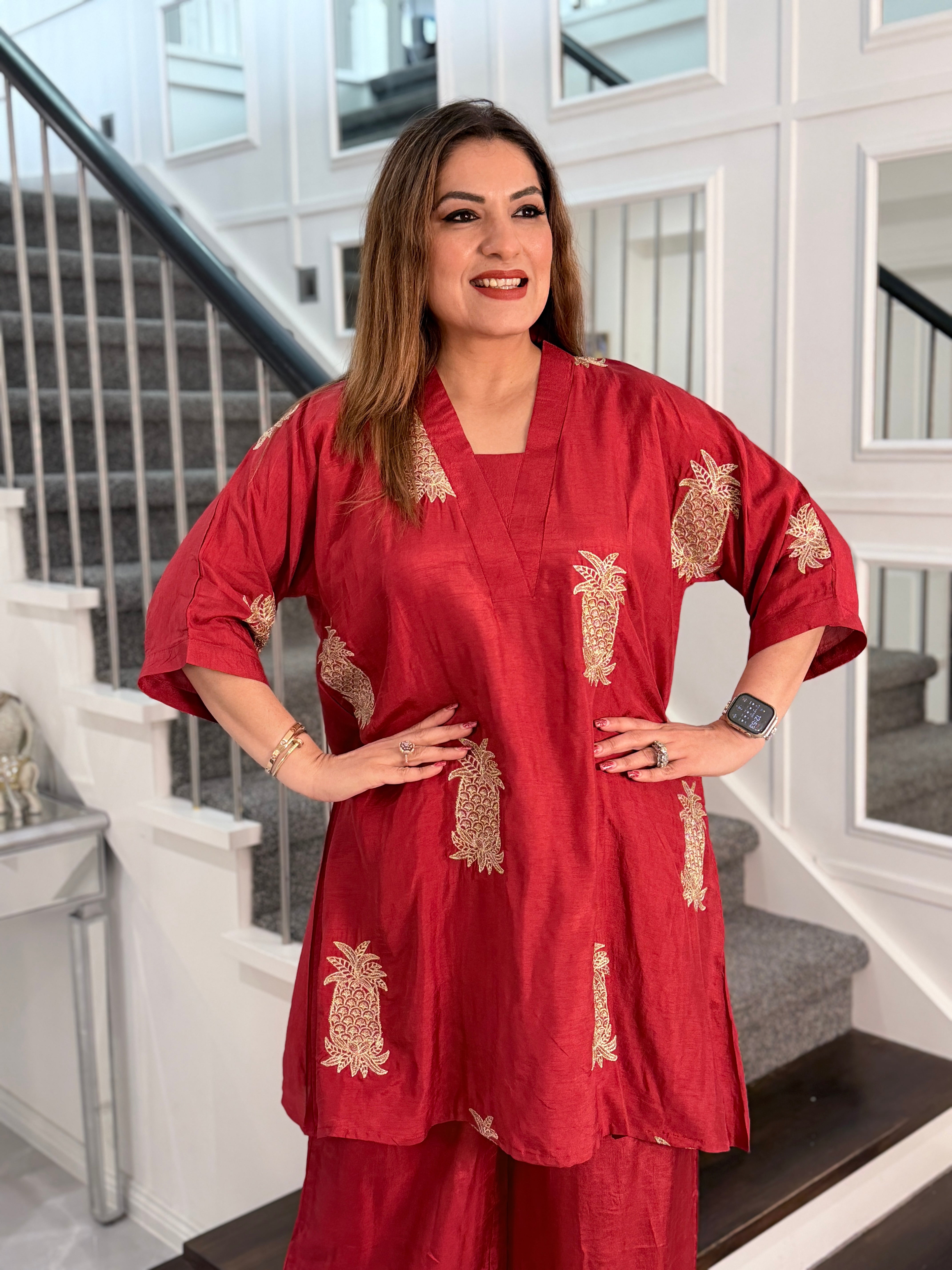 Red Kurta with Pineapple Embroidery - Indo-western Wear