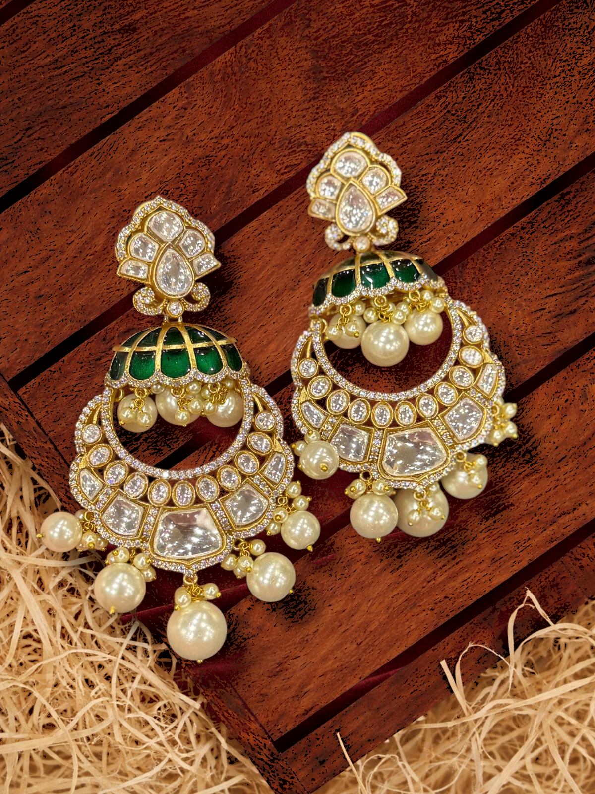 Elegant Green and Pearl Chandbali Earrings - Earrings - Western/ Indo Western