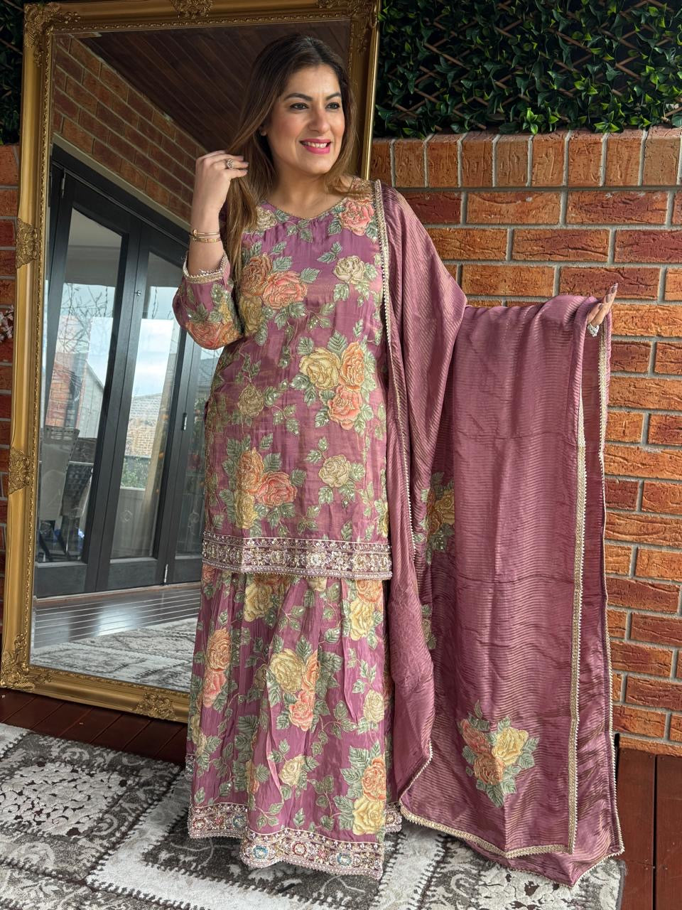 Pink/ Grey Floral Embroidered Salwar Kameez - Salwar Kameez