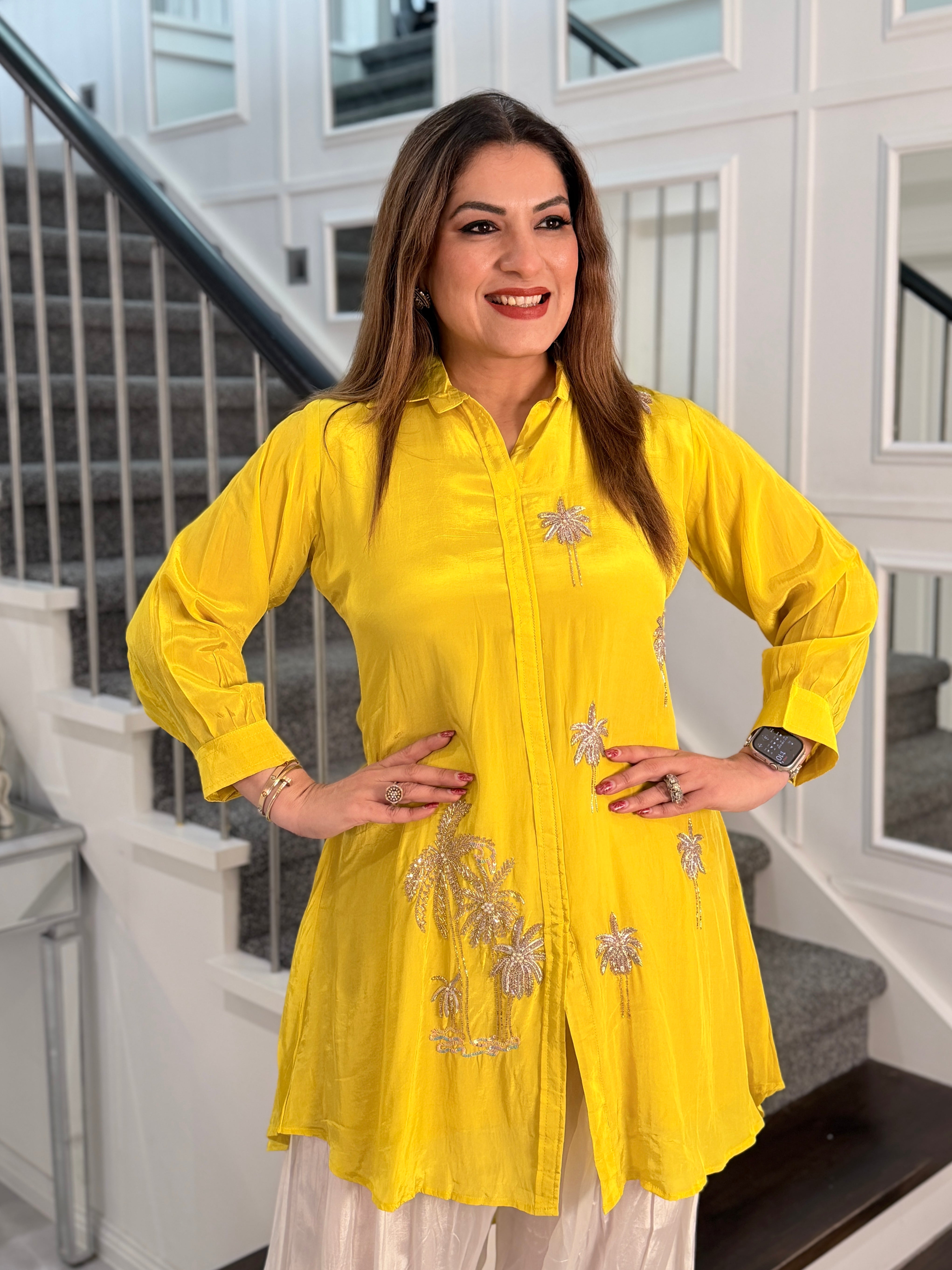 Yellow Kurta with Embroidery and Cream Pants - Indo-western Wear (2)