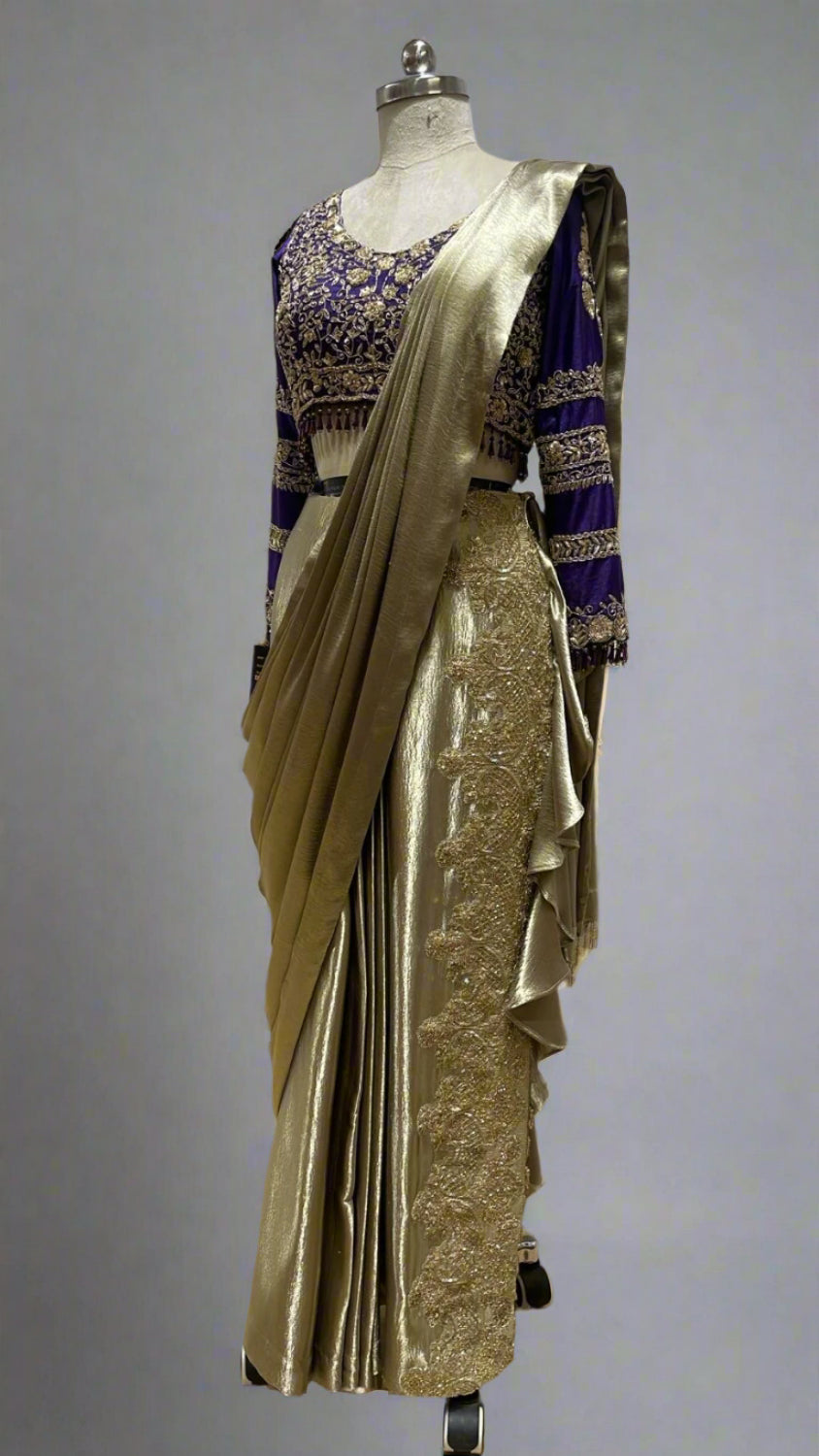 Elegant Purple and Gold Saree with Embroidery - Saree